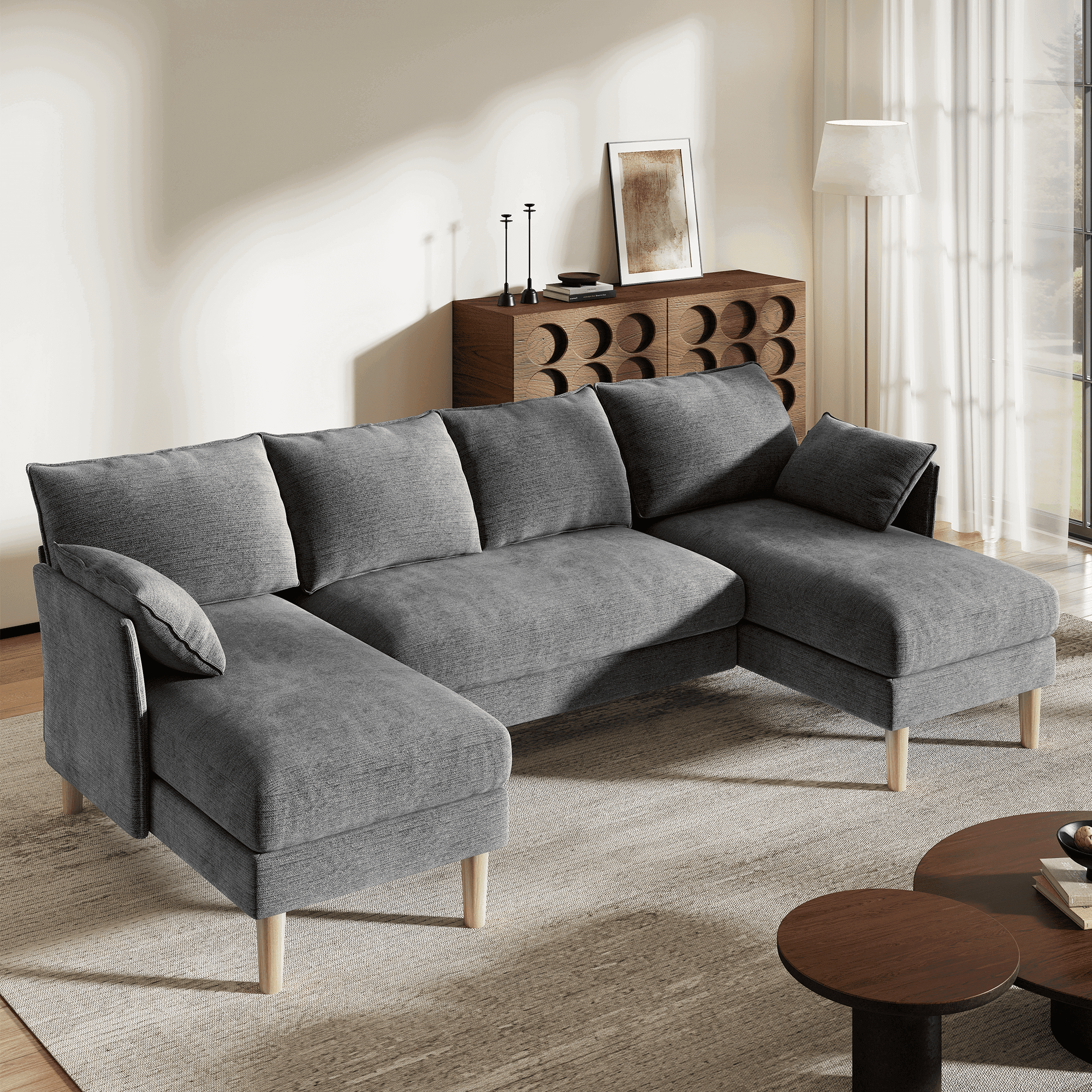 BedLuxury 100 U-Shape Sectional Sofa with Chaise, Chenille Modern Couch with High Legs for Living Room, Apartment, Beige