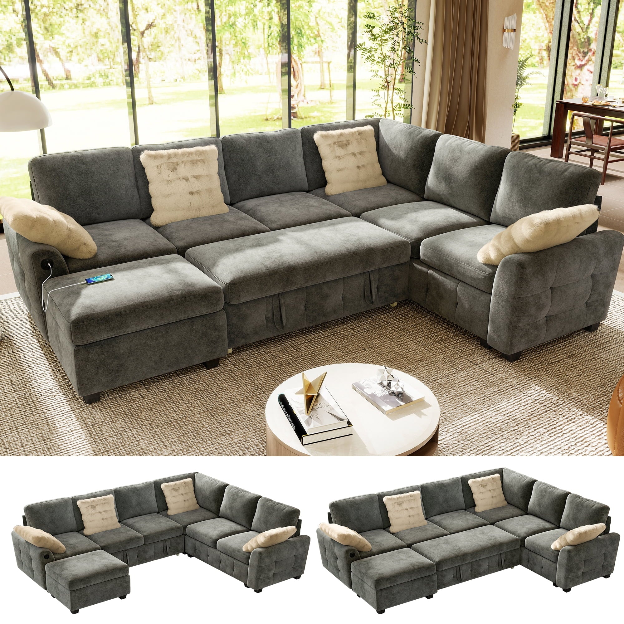 BedLuxury 83 Sectional Sleeper Sofa With Pull Out Bed, Storage Seat & USB Charging, L Shape Modern Couch for Living Room, Corduroy Gray