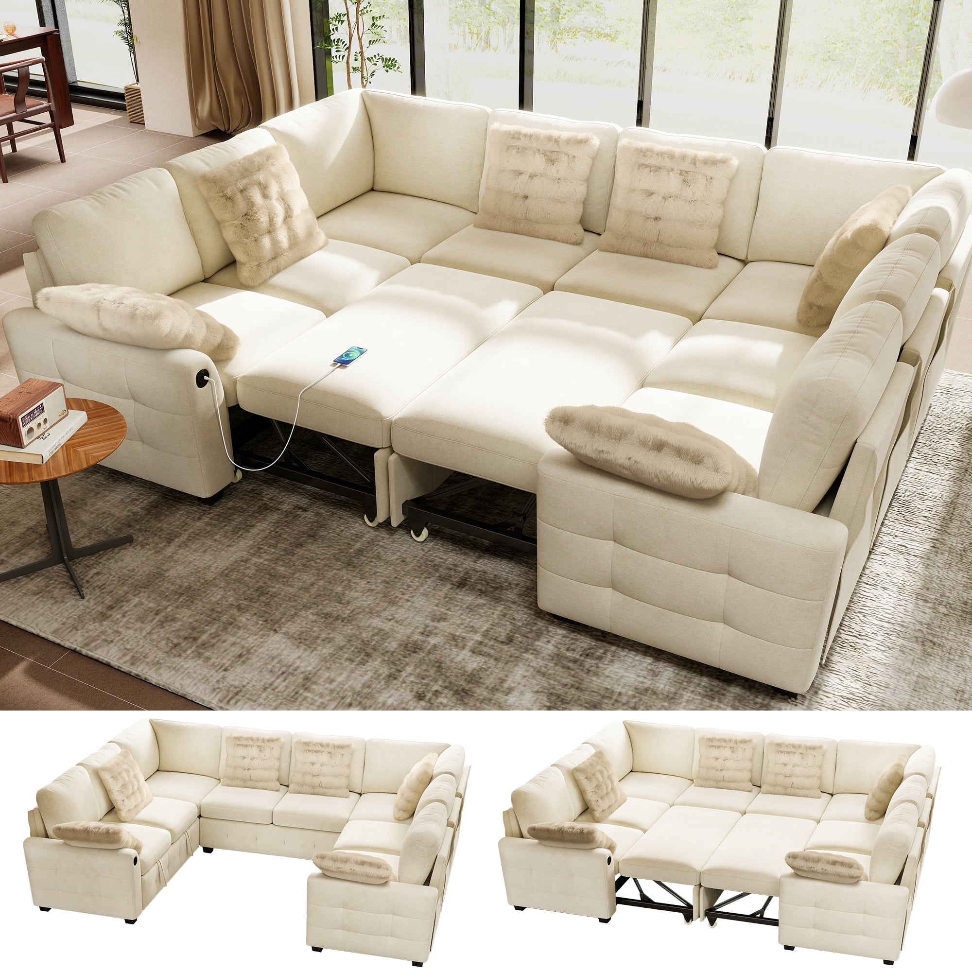 BedLuxury 83 Sectional Sleeper Sofa With Pull Out Bed, Storage Seat & USB Charging, L Shape Modern Couch for Living Room, Corduroy Gray