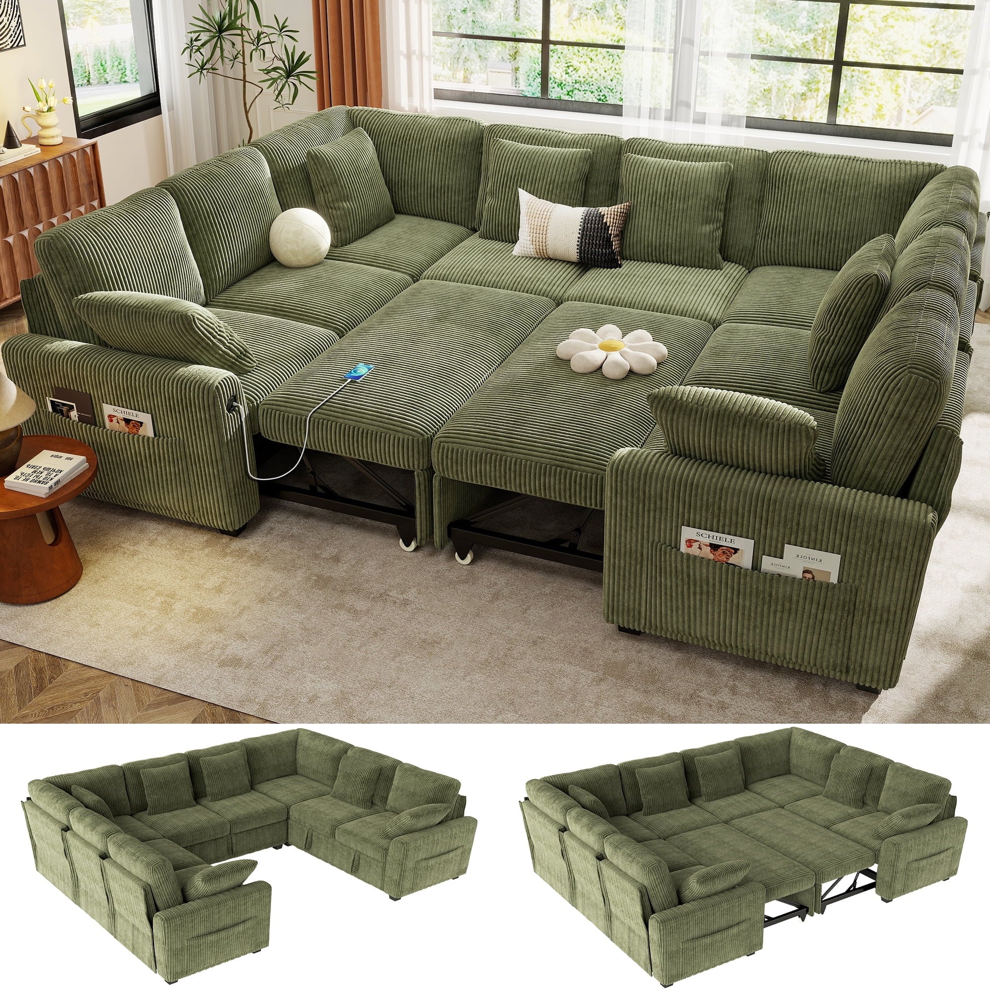 BedLuxury 83 Sectional Sleeper Sofa With Pull Out Bed, Storage Seat & USB Charging, L Shape Modern Couch for Living Room, Corduroy Gray
