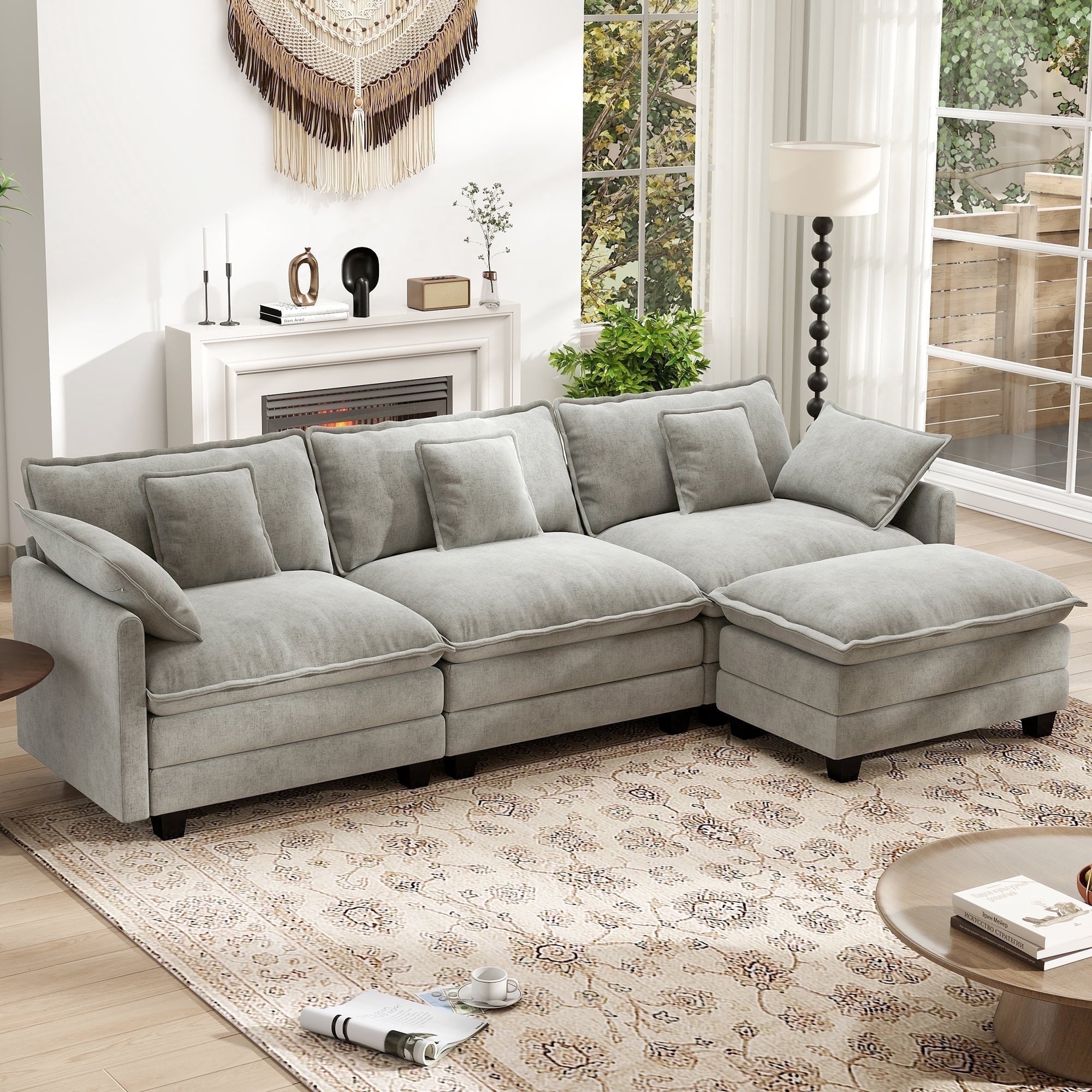 BedLuxury 111.5'' Modular Sectional Sofa with Movable Ottomans, U Shaped Cloud Couch for Living Room, 3-Seat, Beige