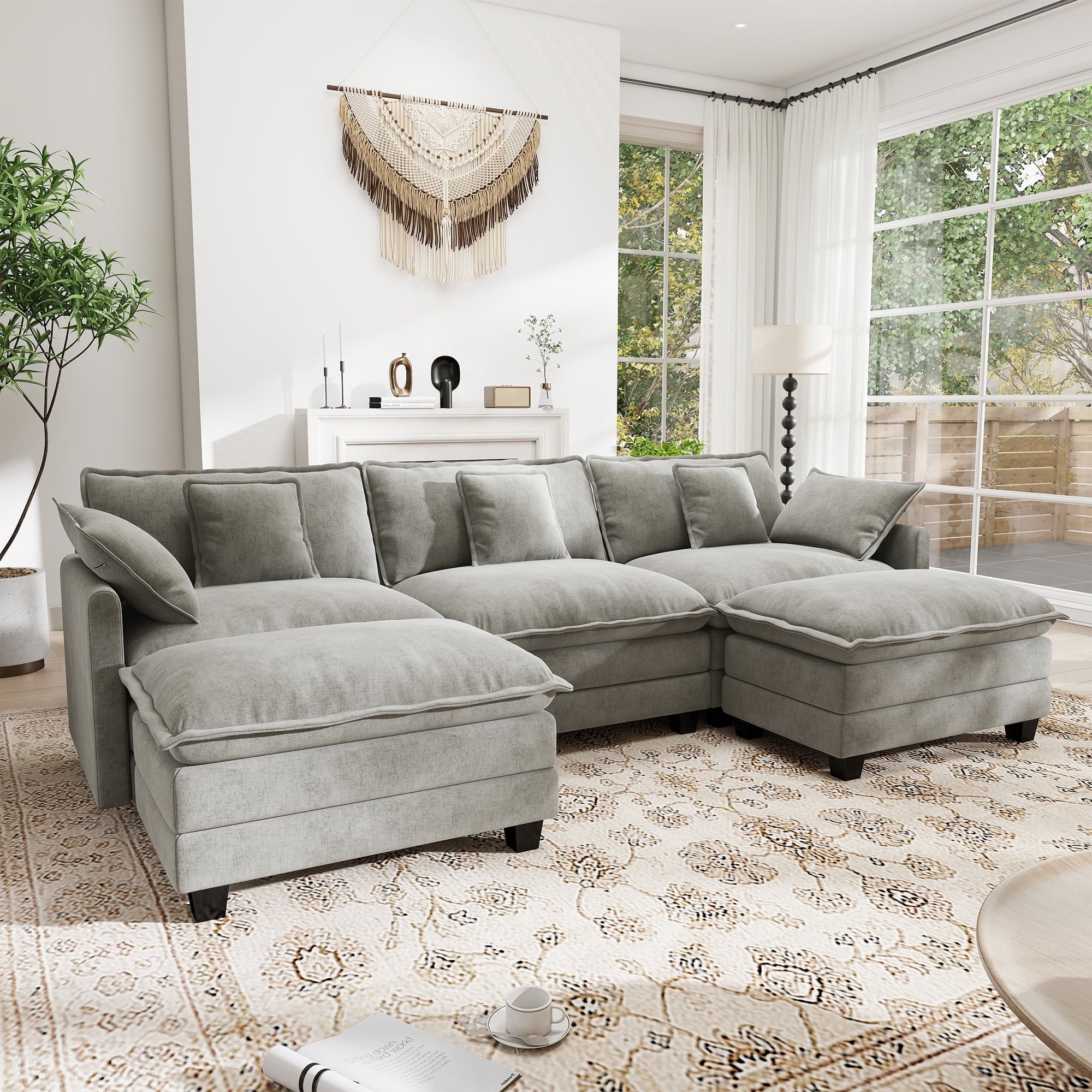 BedLuxury 111.5'' Modular Sectional Sofa with Movable Ottomans, U Shaped Cloud Couch for Living Room, 3-Seat, Grey