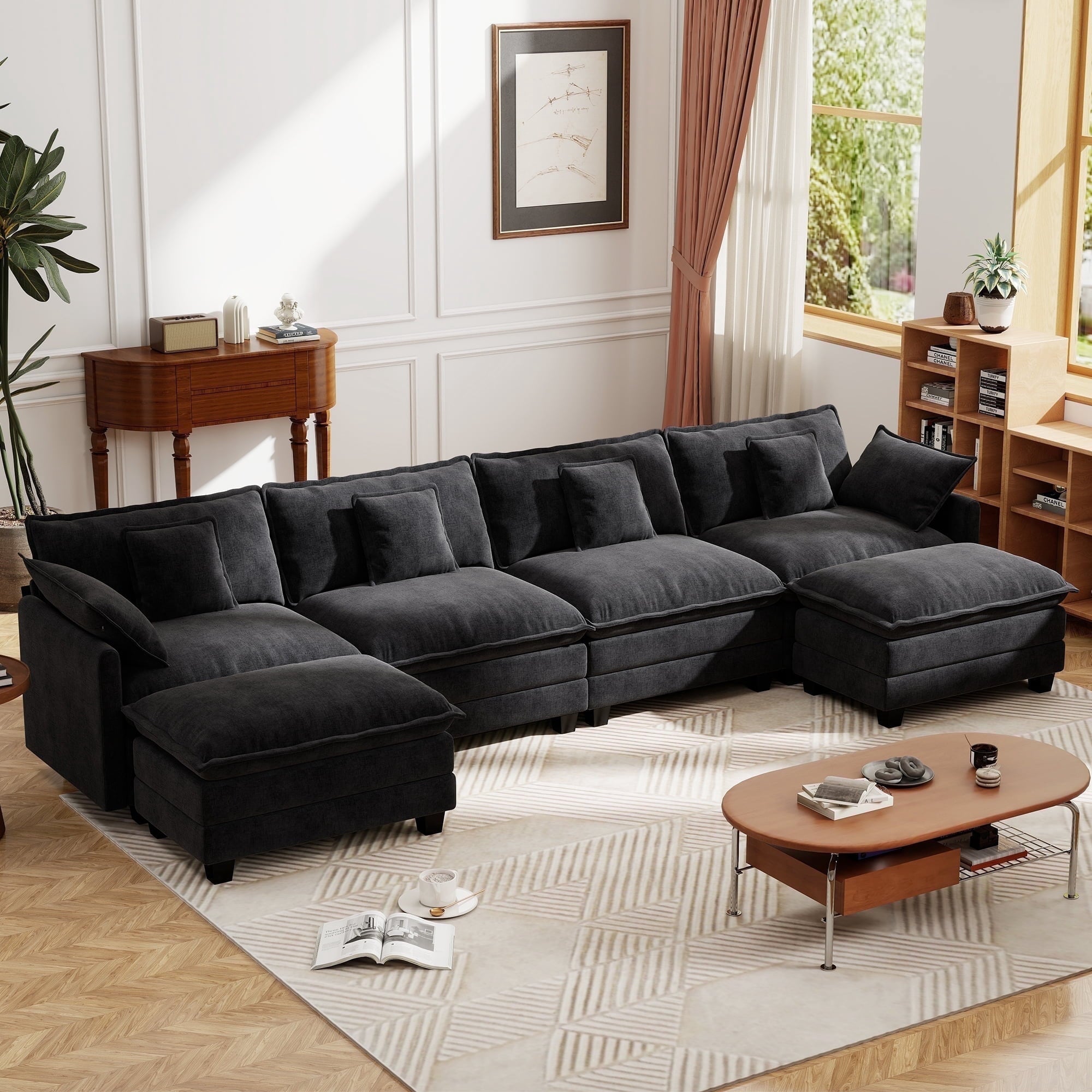 BedLuxury 111.5'' Modular Sectional Sofa with Movable Ottomans, U Shaped Cloud Couch for Living Room, 3-Seat, Beige