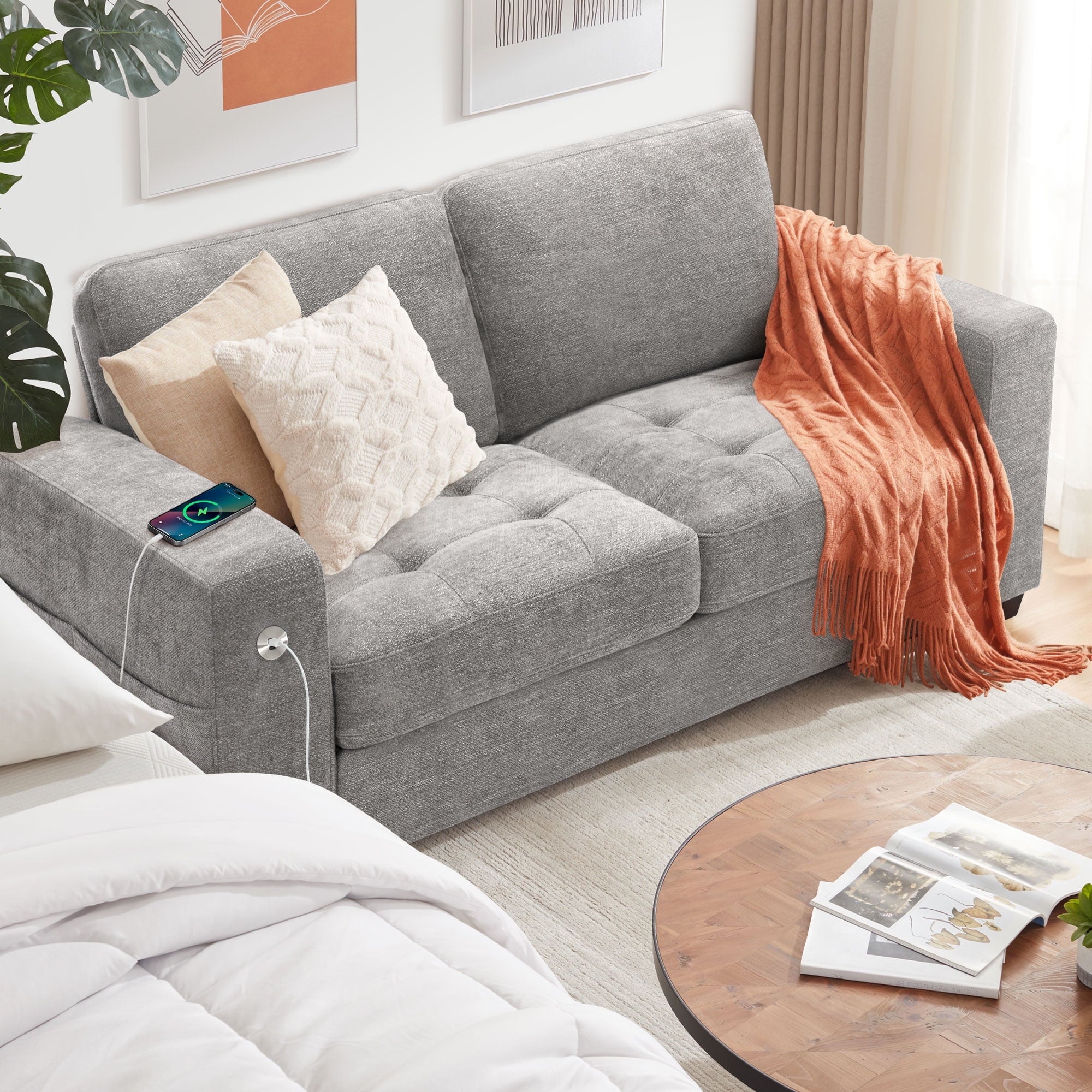 Bedluxury 89 Deep Sofa Couch with USB/Type-C Charging, Storage Pocket & Wide Armrest, Removable Cover, Seats 3 Adults, Chenille Beige