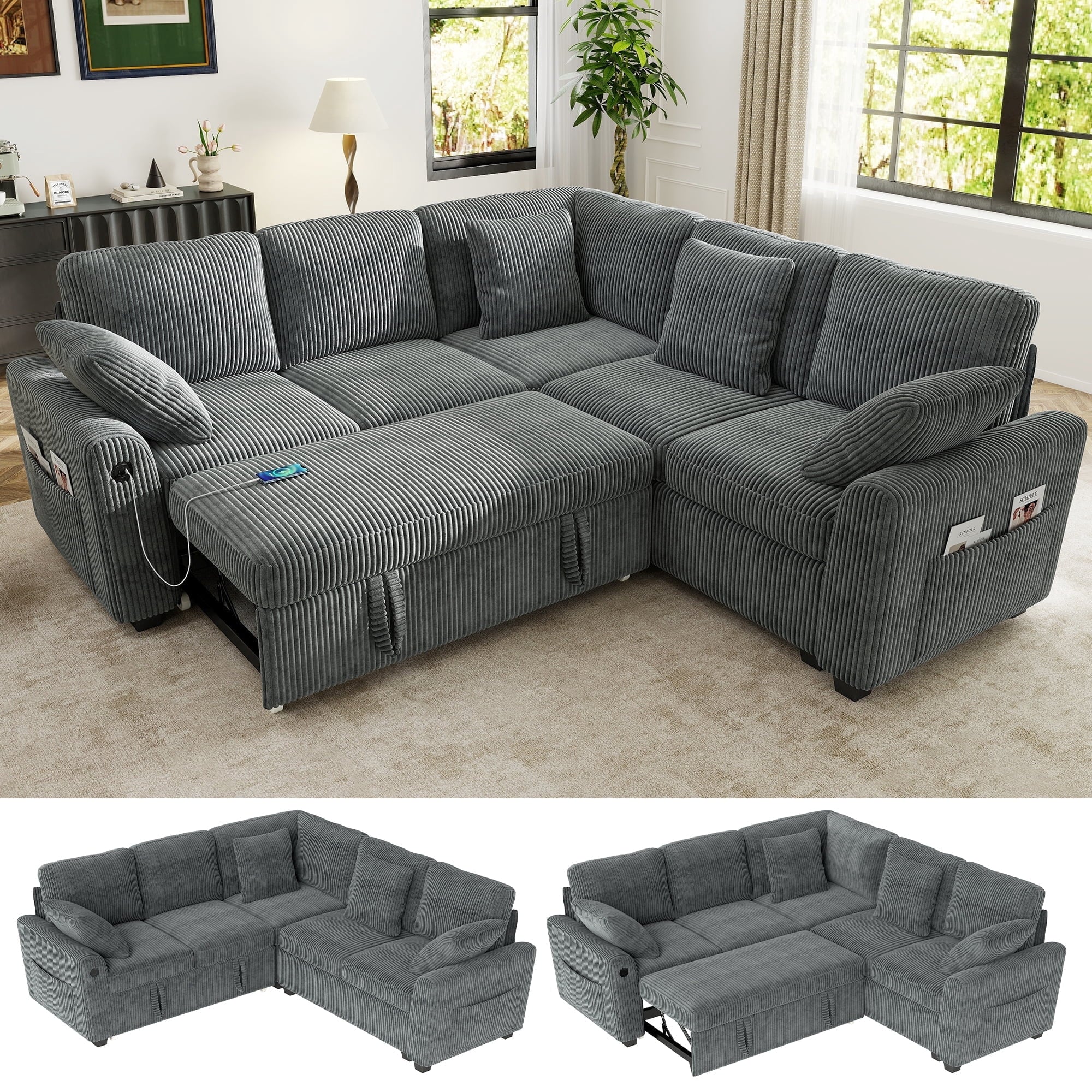 BedLuxury 83 Sectional Sleeper Sofa With Pull Out Bed, Storage Seat & USB Charging, L Shape Modern Couch for Living Room, Corduroy Gray