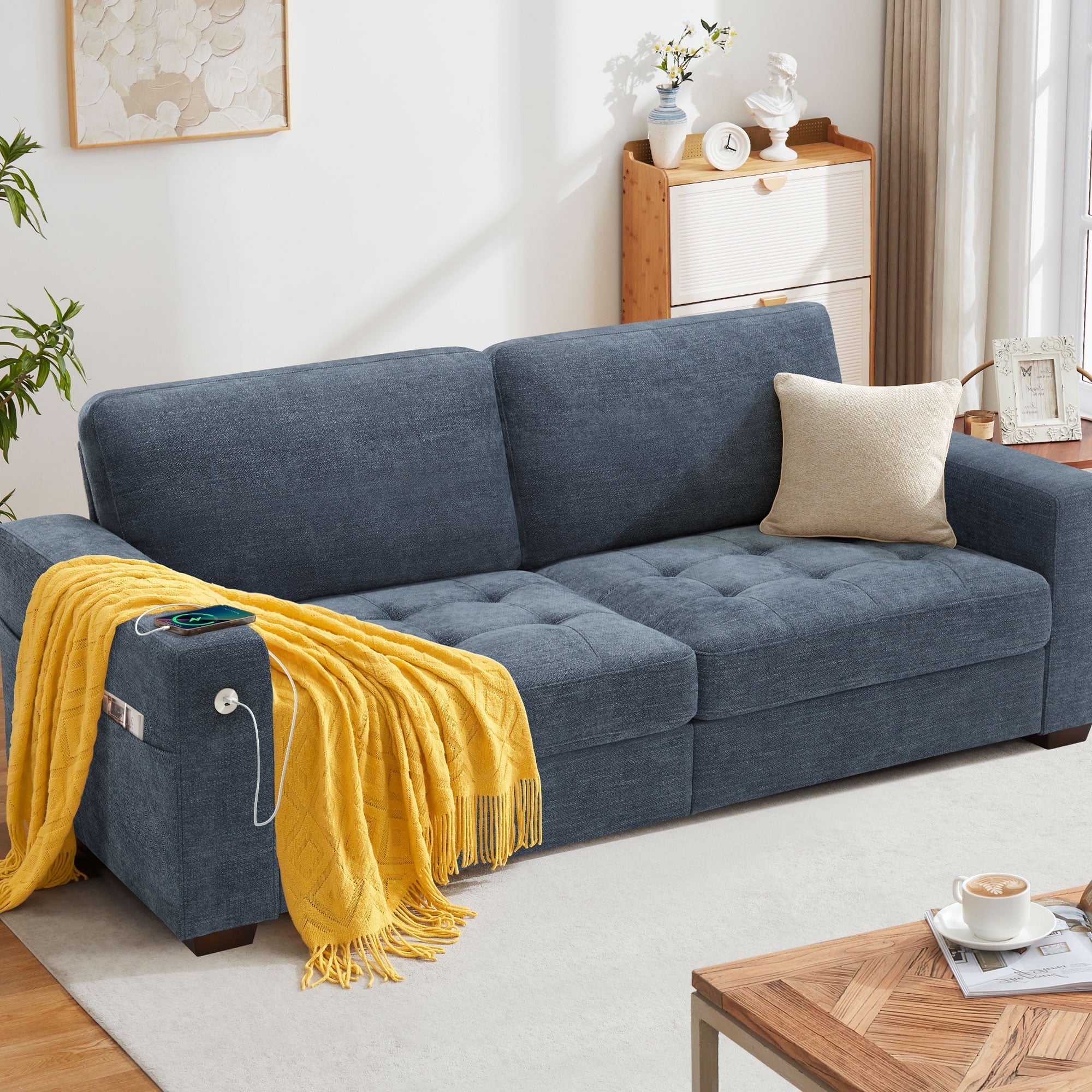 Bedluxury 89 Deep Sofa Couch with USB/Type-C Charging, Storage Pocket & Wide Armrest, Removable Cover, Seats 3 Adults, Chenille Beige