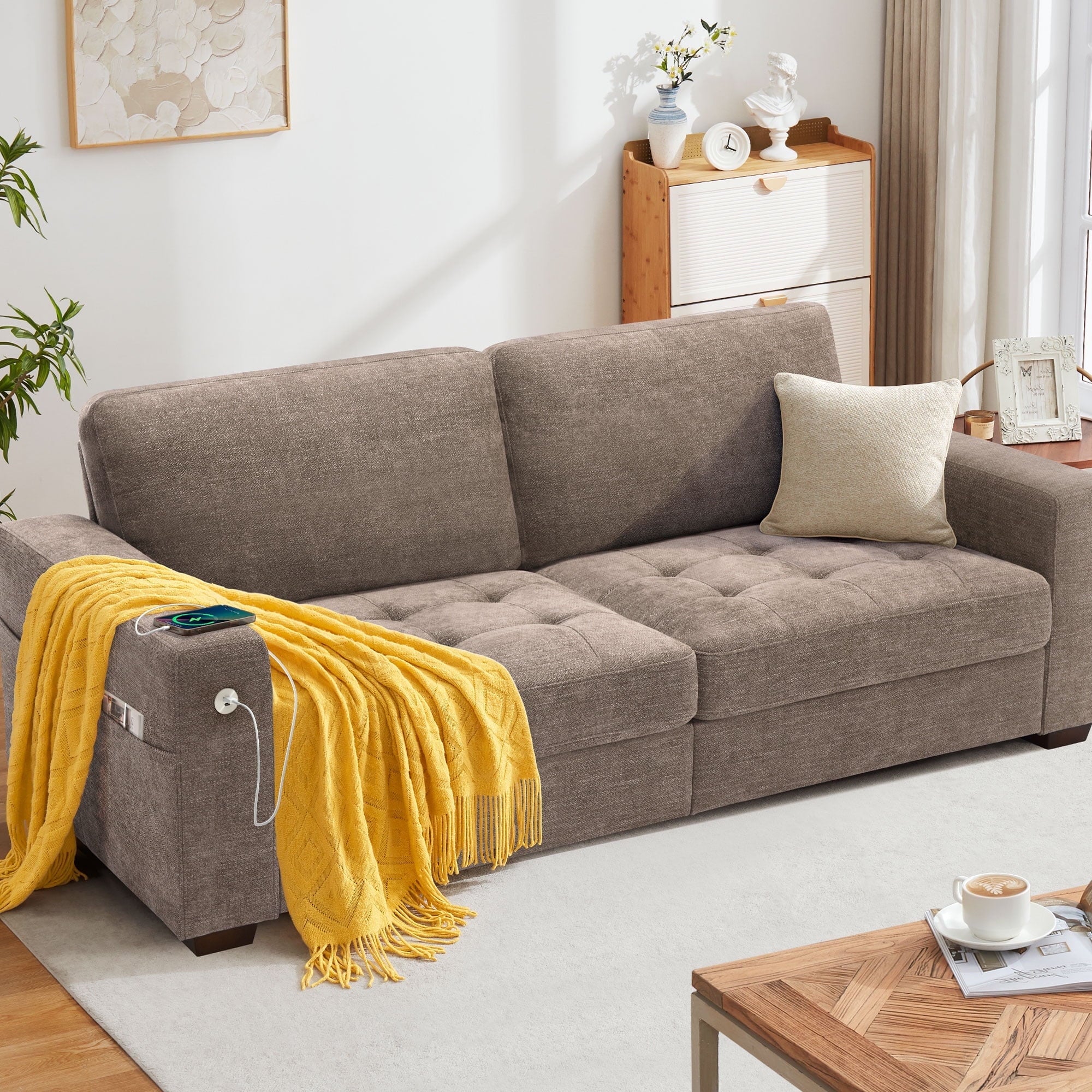 Bedluxury 89 Deep Sofa Couch with USB/Type-C Charging, Storage Pocket & Wide Armrest, Removable Cover, Seats 3 Adults, Chenille Beige