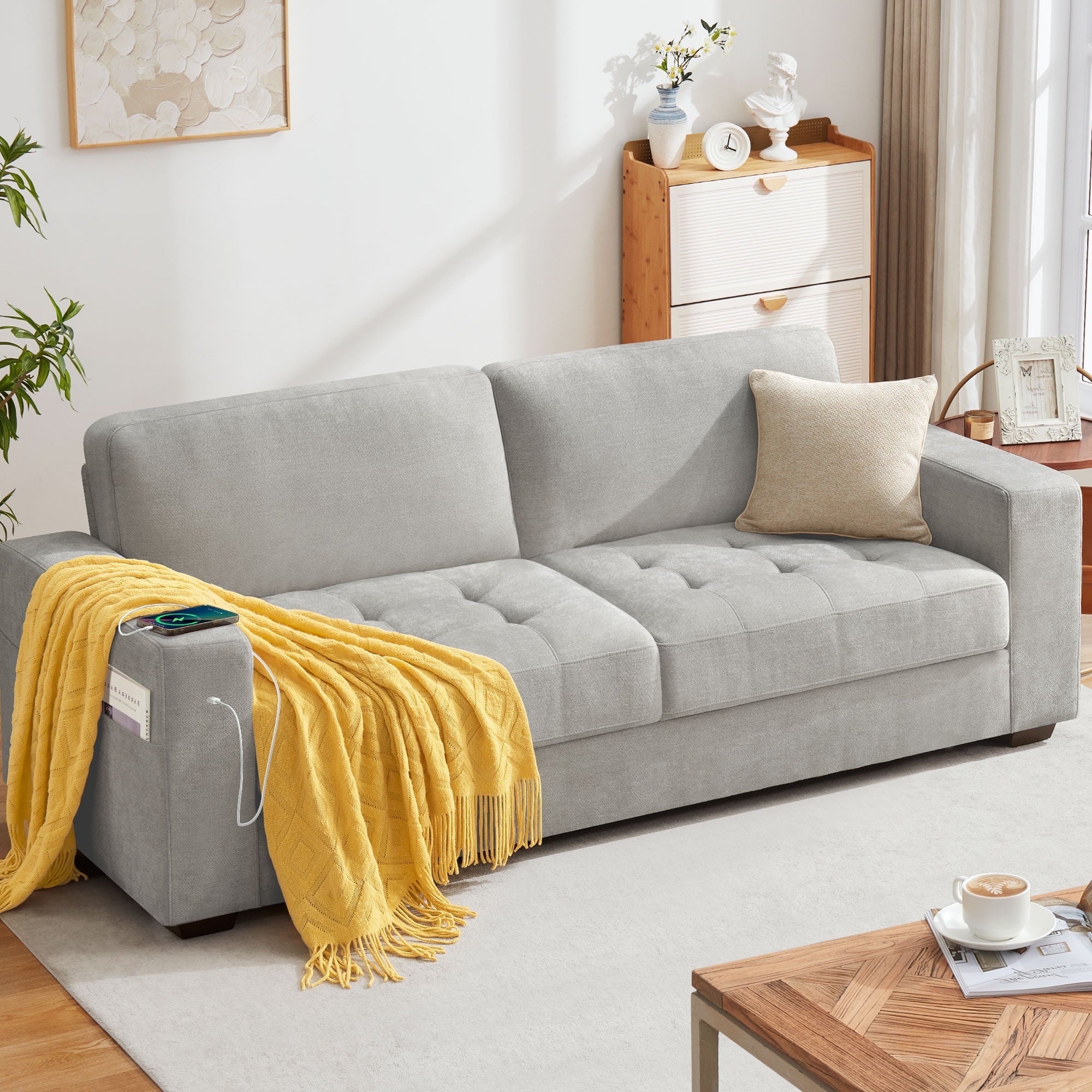 Bedluxury 89 Deep Sofa Couch with USB/Type-C Charging, Storage Pocket & Wide Armrest, Removable Cover, Seats 3 Adults, Chenille Beige