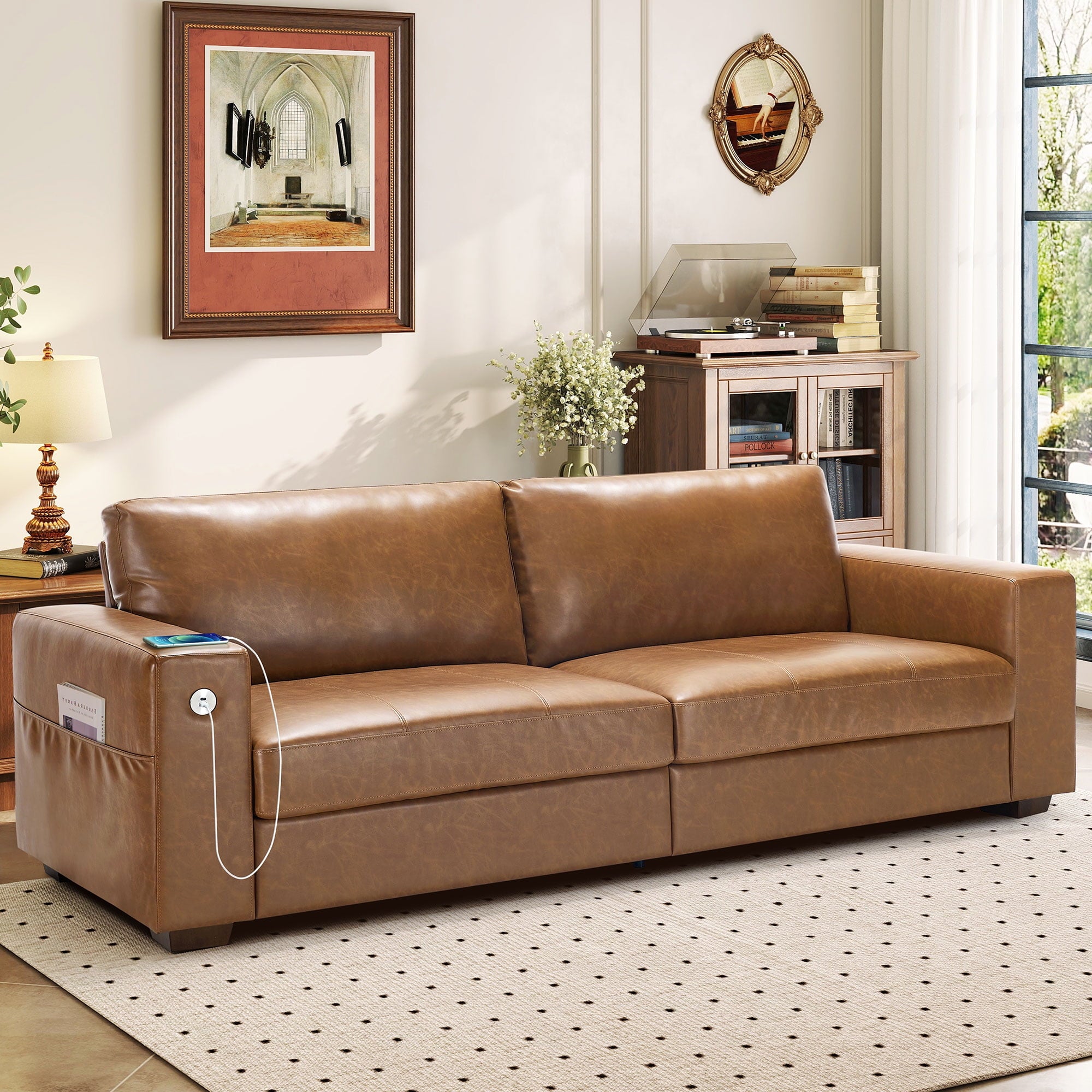 Bedluxury 89 Deep Sofa Couch with USB/Type-C Charging, Storage Pocket & Wide Armrest, Removable Cover, Seats 3 Adults, Chenille Beige