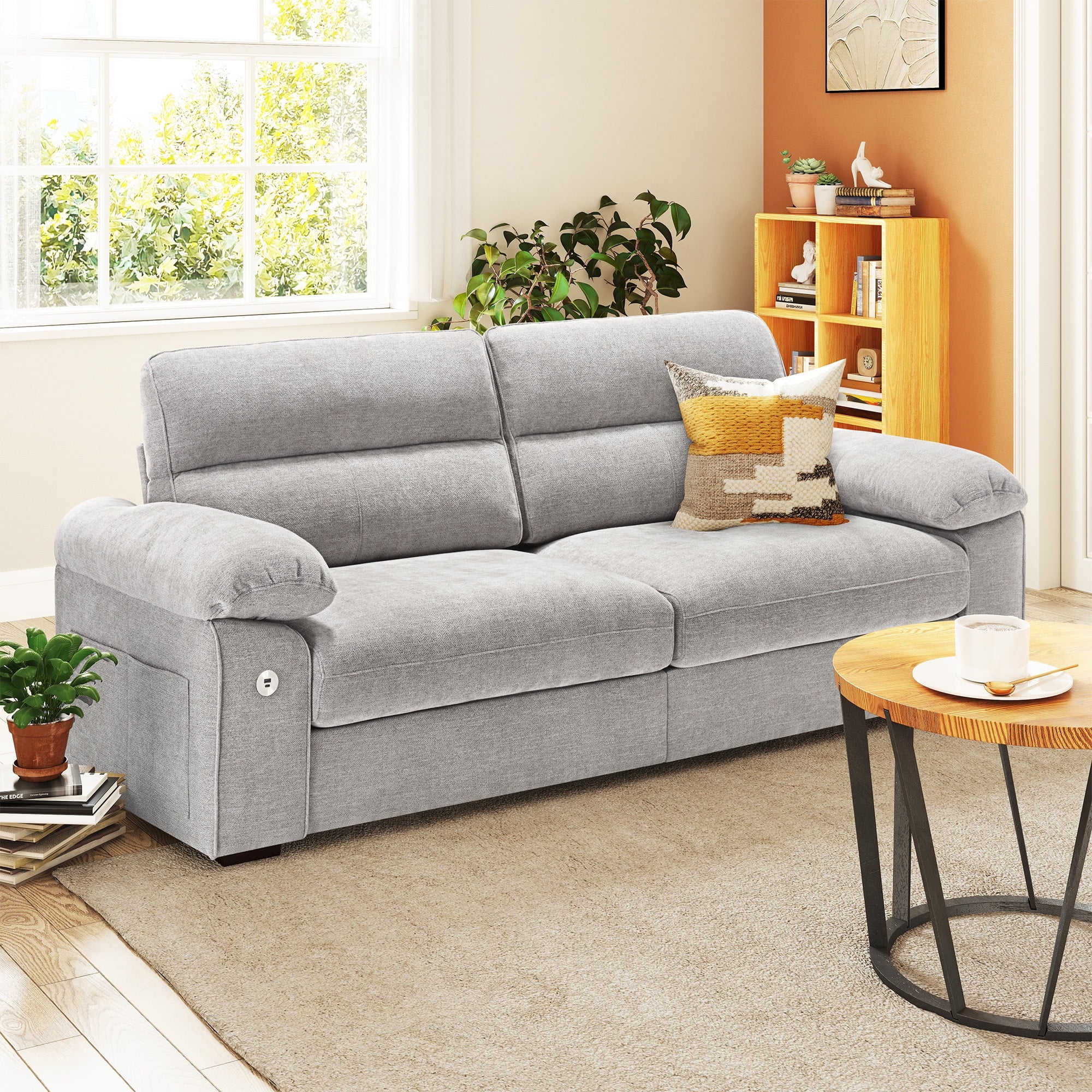 Bedluxury 89 Deep Sofa Couch with USB/Type-C Charging, Storage Pocket & Wide Armrest, Removable Cover, Seats 3 Adults, Chenille Beige