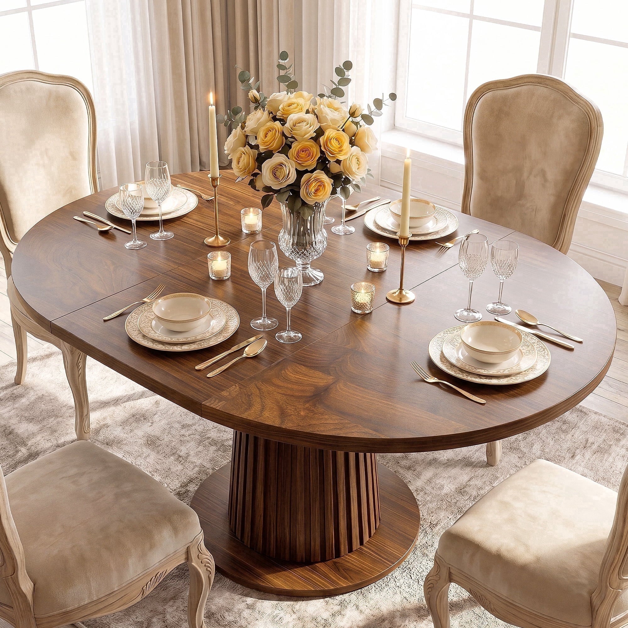 Keenstone Round Dining Table 43-59 Extendable, for 4 to 6, with Storage Space, Kitchen Dinner Room Table for Dining Room and Small Space Walnut