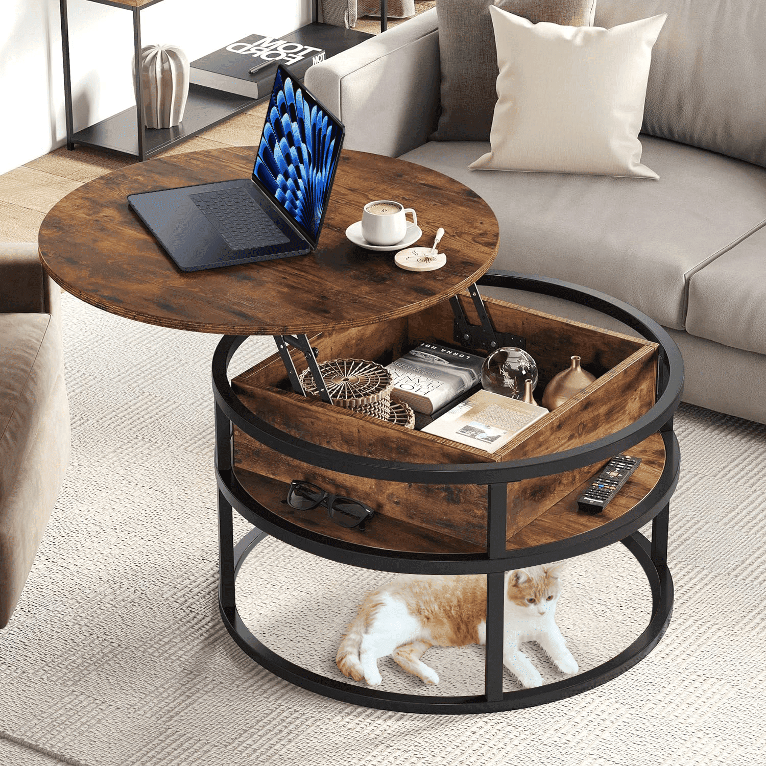 Keenstone Round Dining Table 43-59 Extendable, for 4 to 6, with Storage Space, Kitchen Dinner Room Table for Dining Room and Small Space Walnut