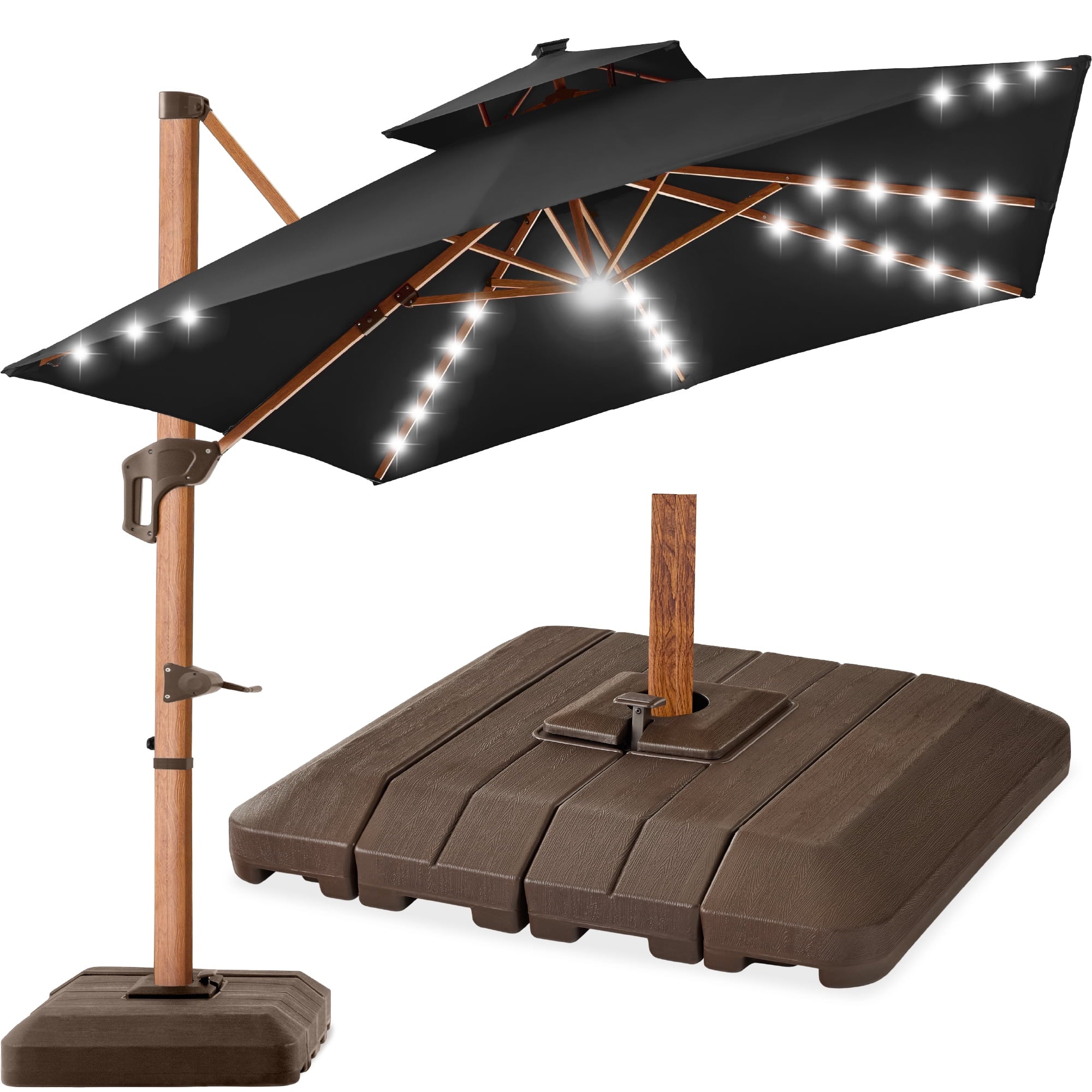 Best Choice Products 10ft Square Woodgrain Pattern 2-Tier Outdoor Solar LED Cantilever Umbrella w/ Base - Gray