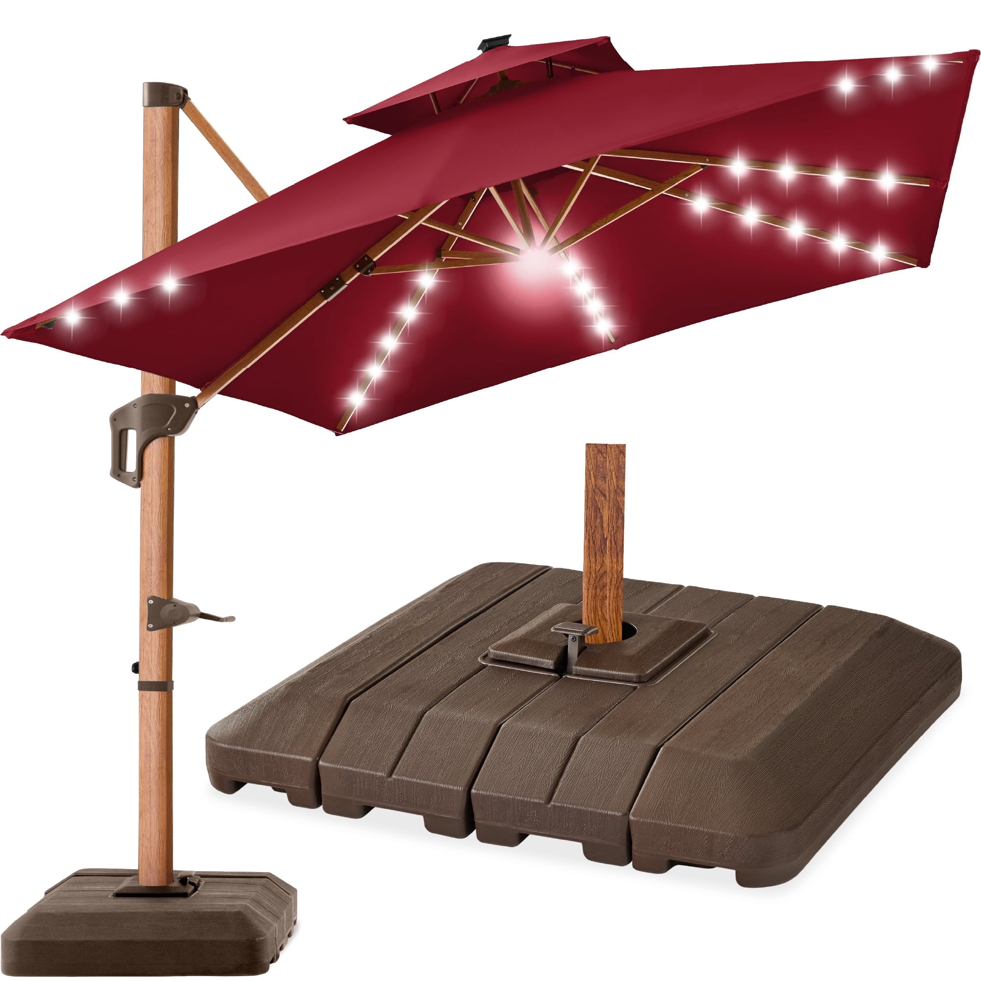 Best Choice Products 10ft Square Woodgrain Pattern 2-Tier Outdoor Solar LED Cantilever Umbrella w/ Base - Gray