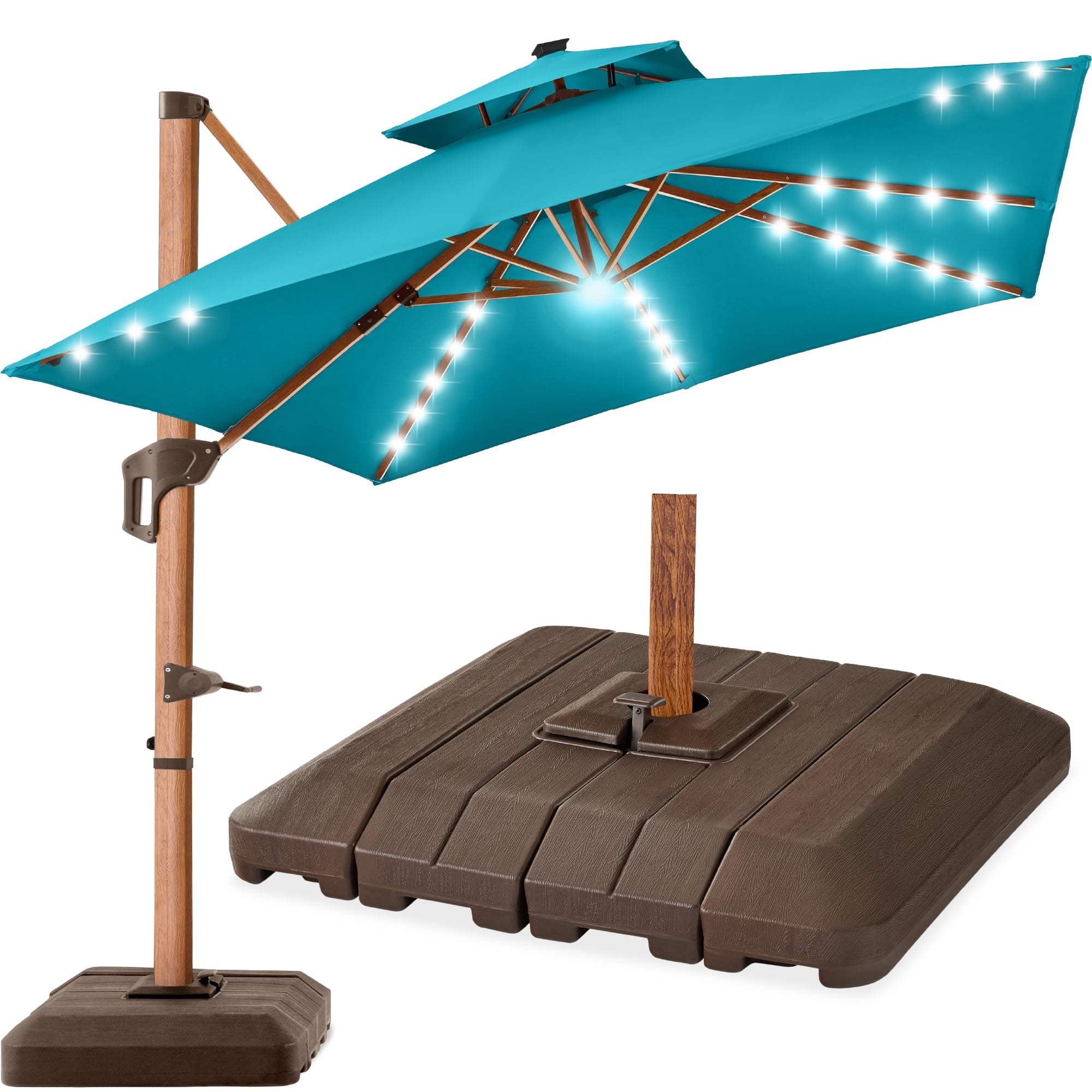 Best Choice Products 10ft Square Woodgrain Pattern 2-Tier Outdoor Solar LED Cantilever Umbrella w/ Base - Gray