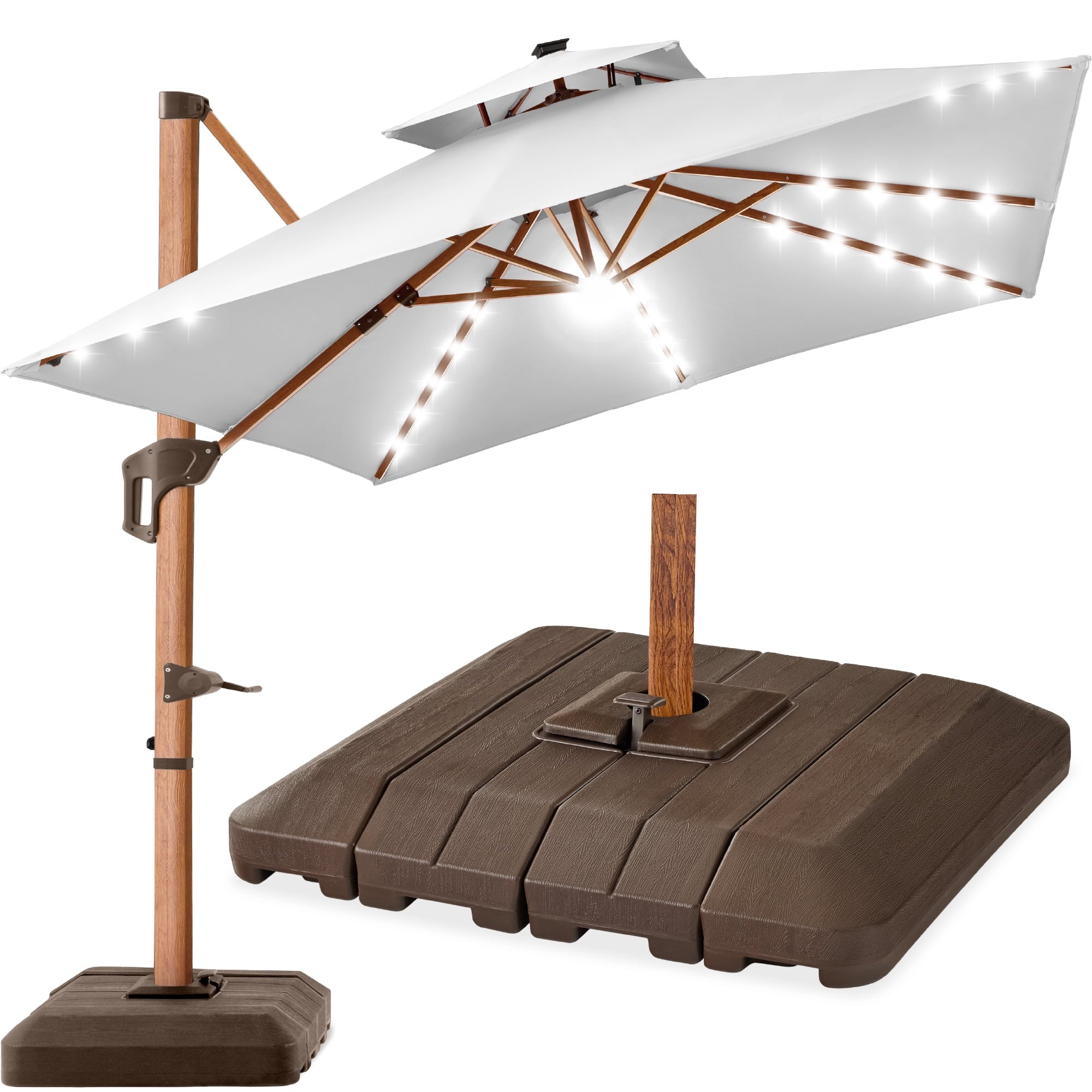 Best Choice Products 10ft Square Woodgrain Pattern 2-Tier Outdoor Solar LED Cantilever Umbrella w/ Base - Gray