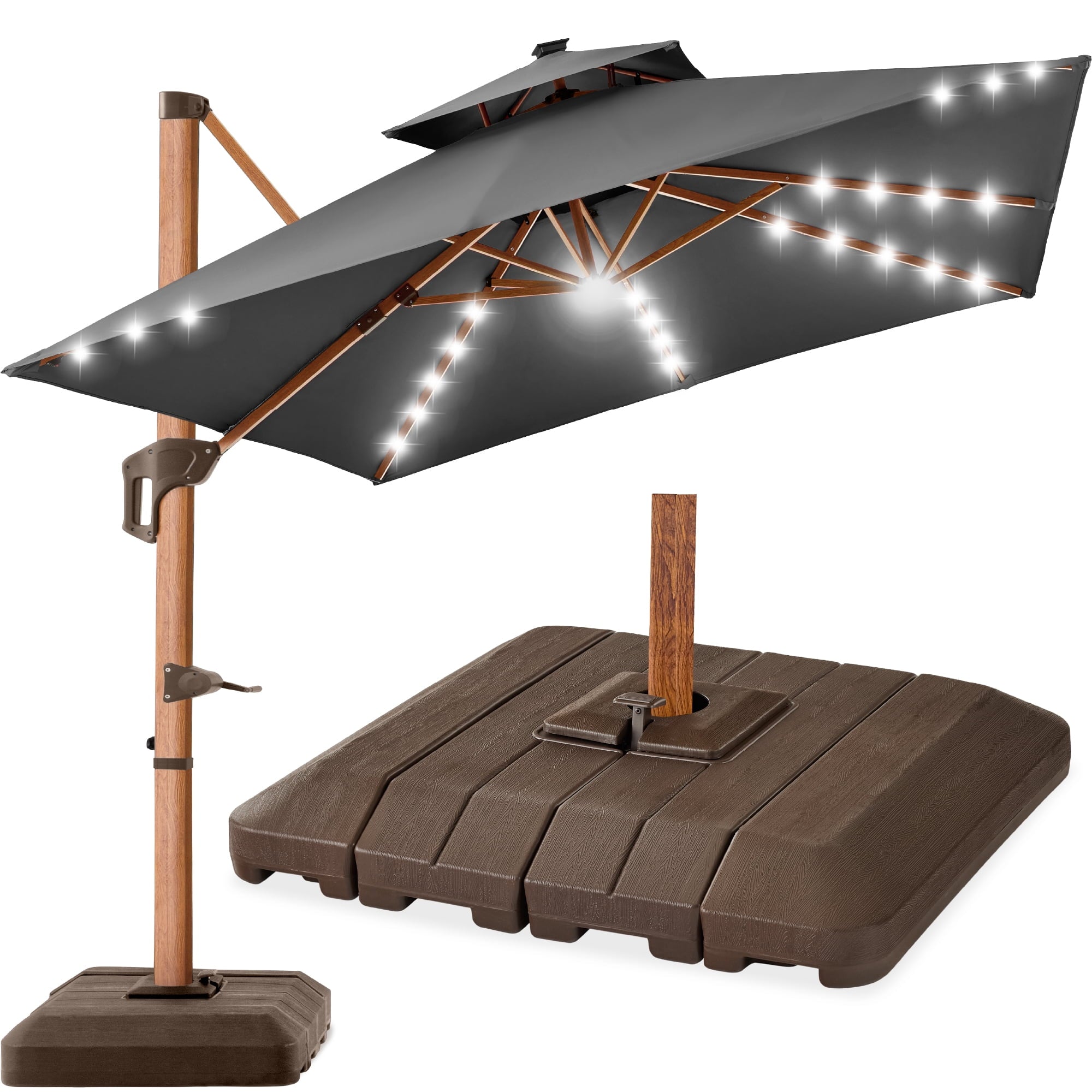 Best Choice Products 10ft Square Woodgrain Pattern 2-Tier Outdoor Solar LED Cantilever Umbrella w/ Base - Gray