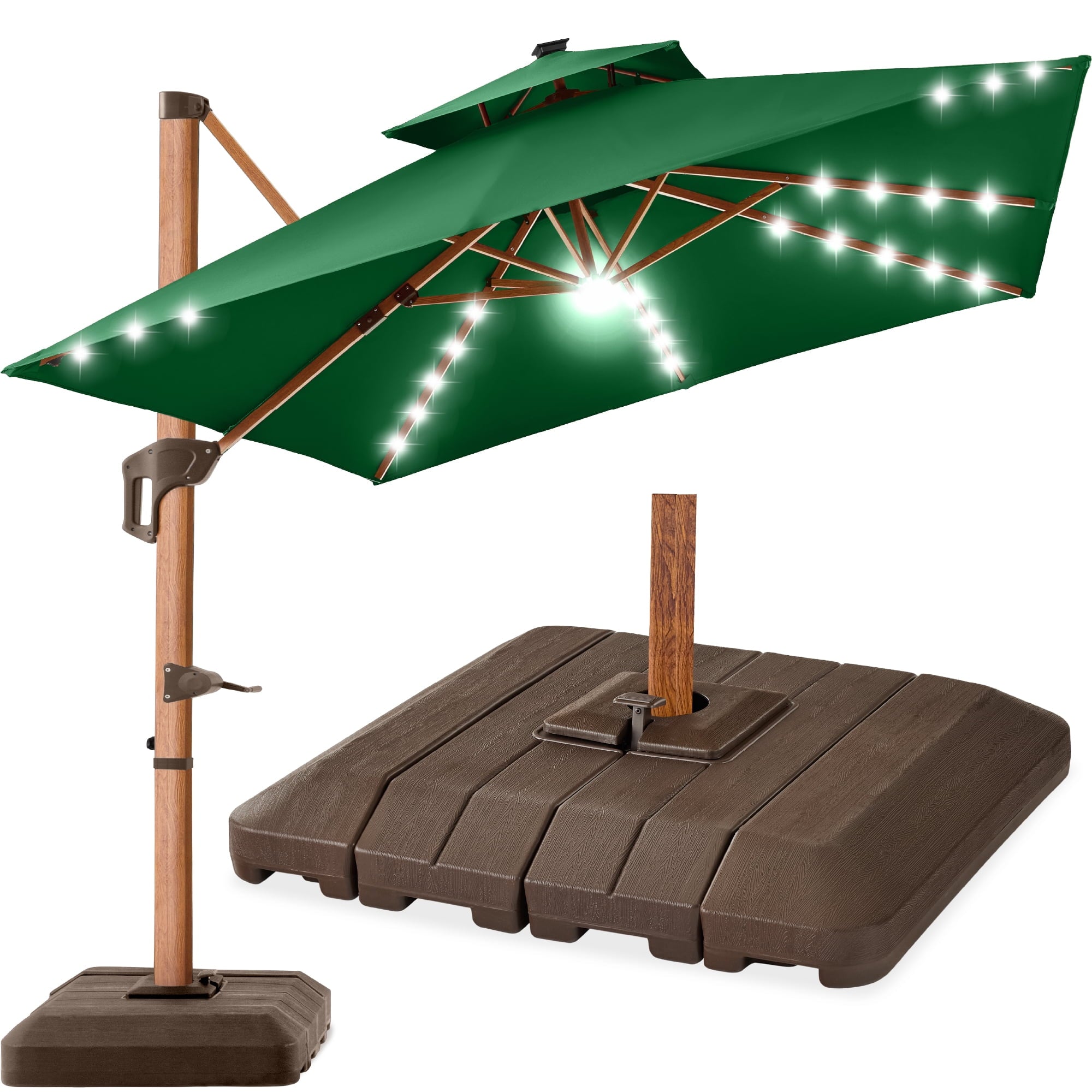 Best Choice Products 10ft Square Woodgrain Pattern 2-Tier Outdoor Solar LED Cantilever Umbrella w/ Base - Gray