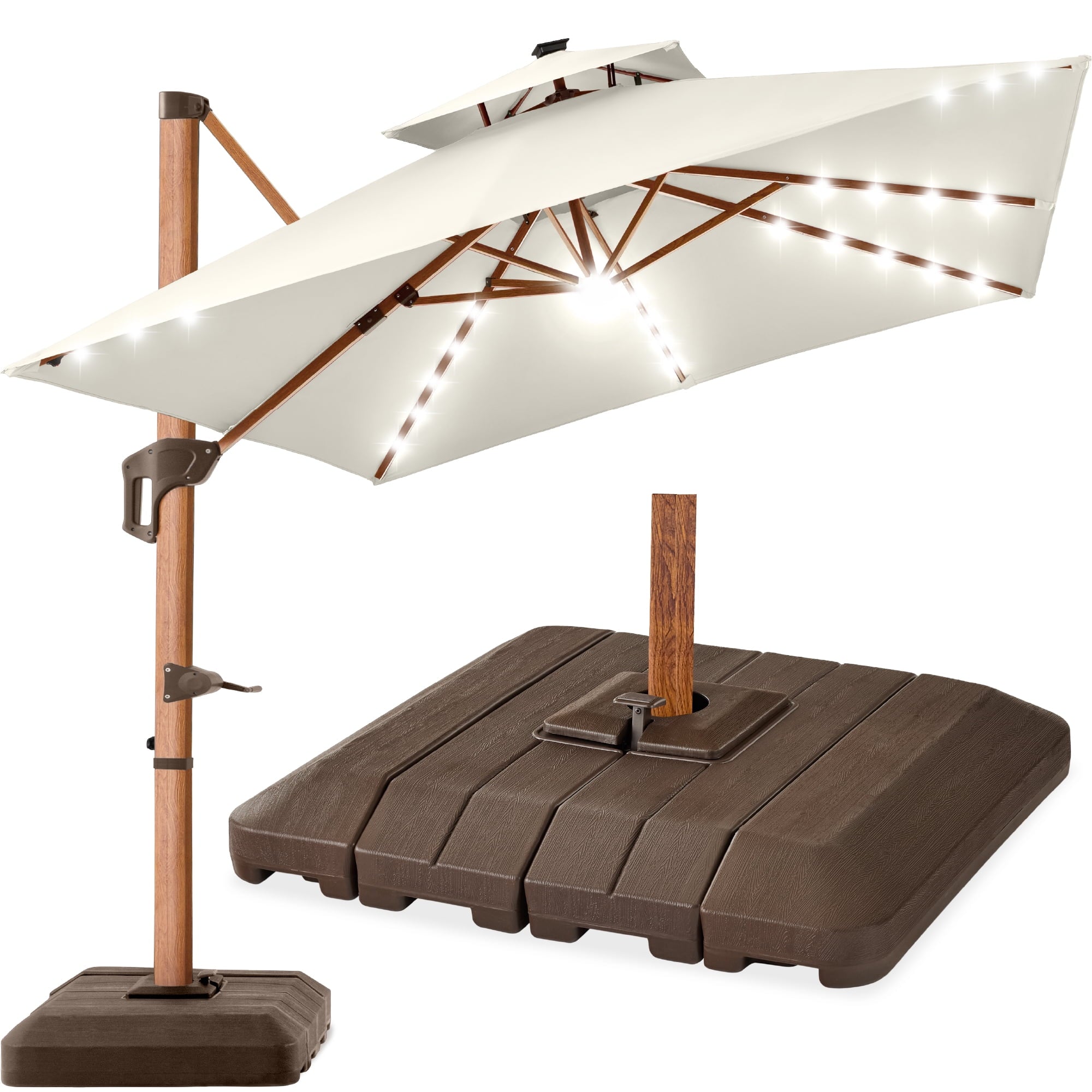 Best Choice Products 10ft Square Woodgrain Pattern 2-Tier Outdoor Solar LED Cantilever Umbrella w/ Base - Gray