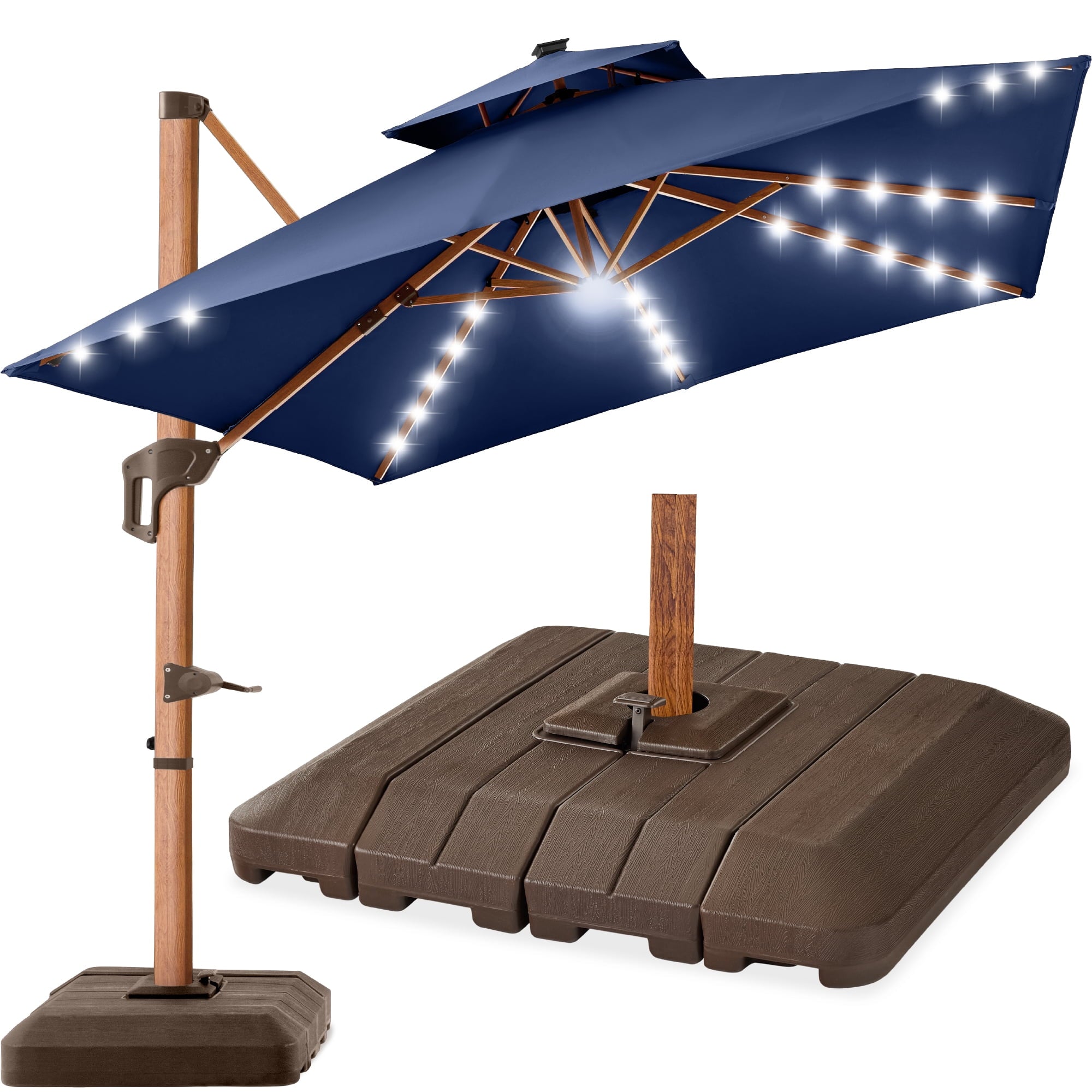 Best Choice Products 10ft Square Woodgrain Pattern 2-Tier Outdoor Solar LED Cantilever Umbrella w/ Base - Gray