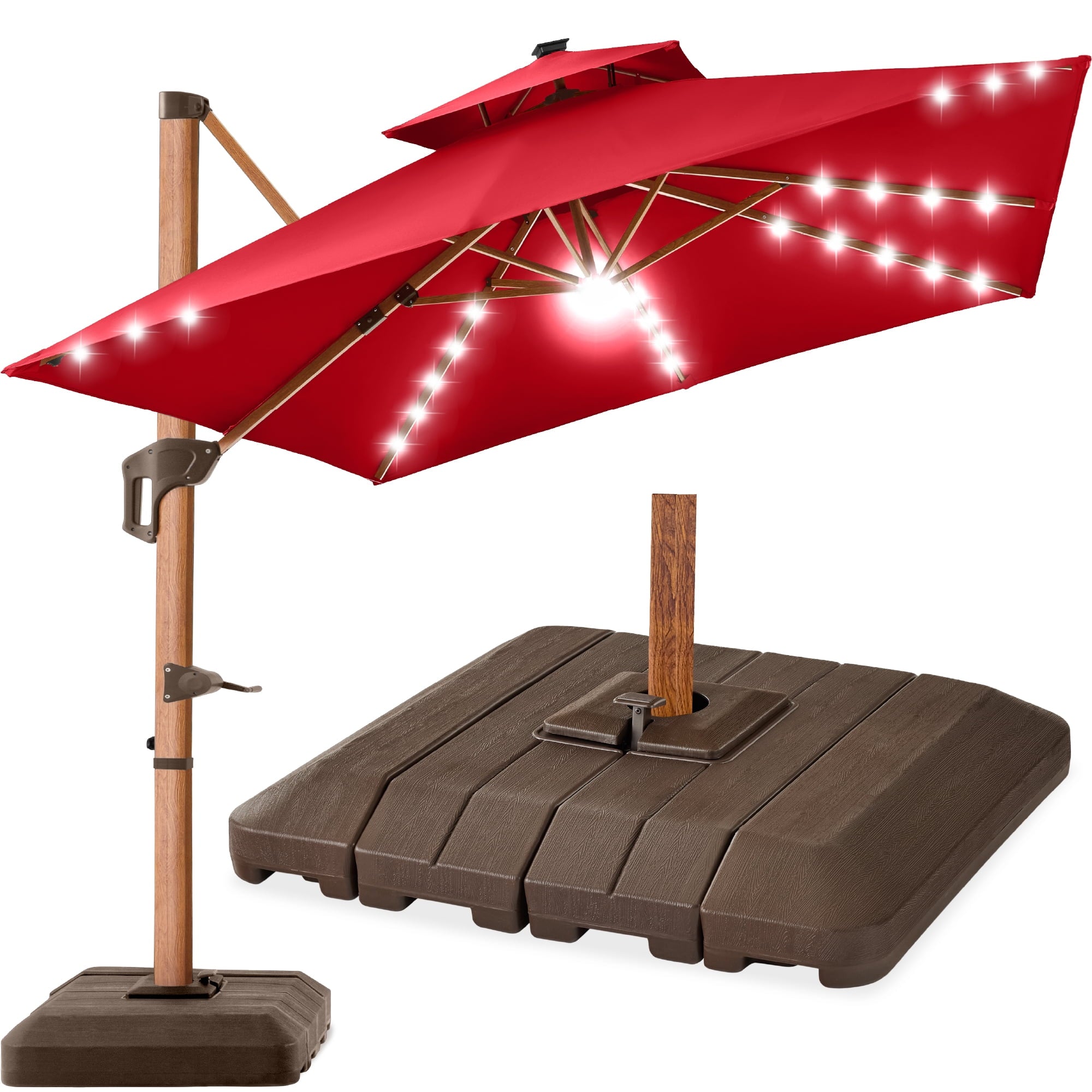 Best Choice Products 10ft Square Woodgrain Pattern 2-Tier Outdoor Solar LED Cantilever Umbrella w/ Base - Gray