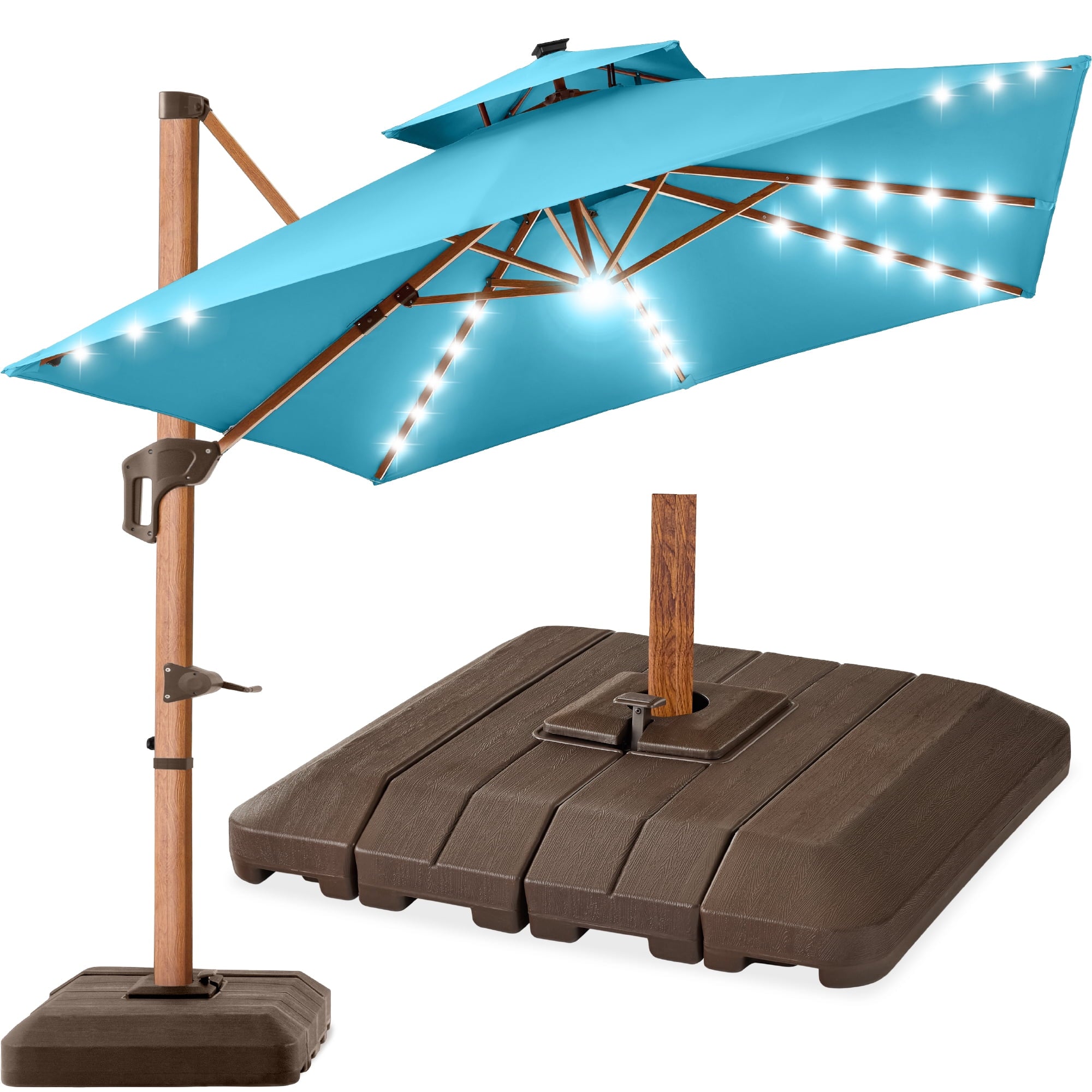 Best Choice Products 10ft Square Woodgrain Pattern 2-Tier Outdoor Solar LED Cantilever Umbrella w/ Base - Gray