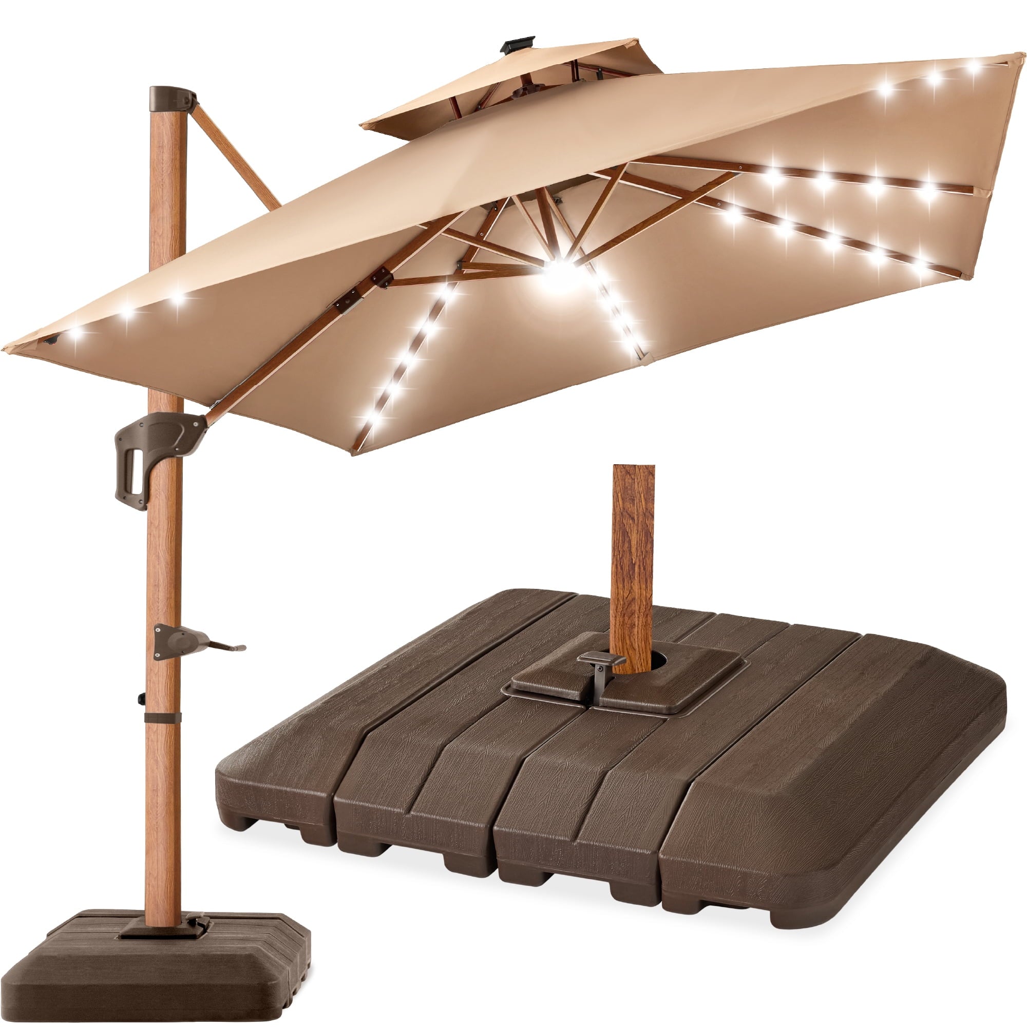 Best Choice Products 10ft Square Woodgrain Pattern 2-Tier Outdoor Solar LED Cantilever Umbrella w/ Base - Gray