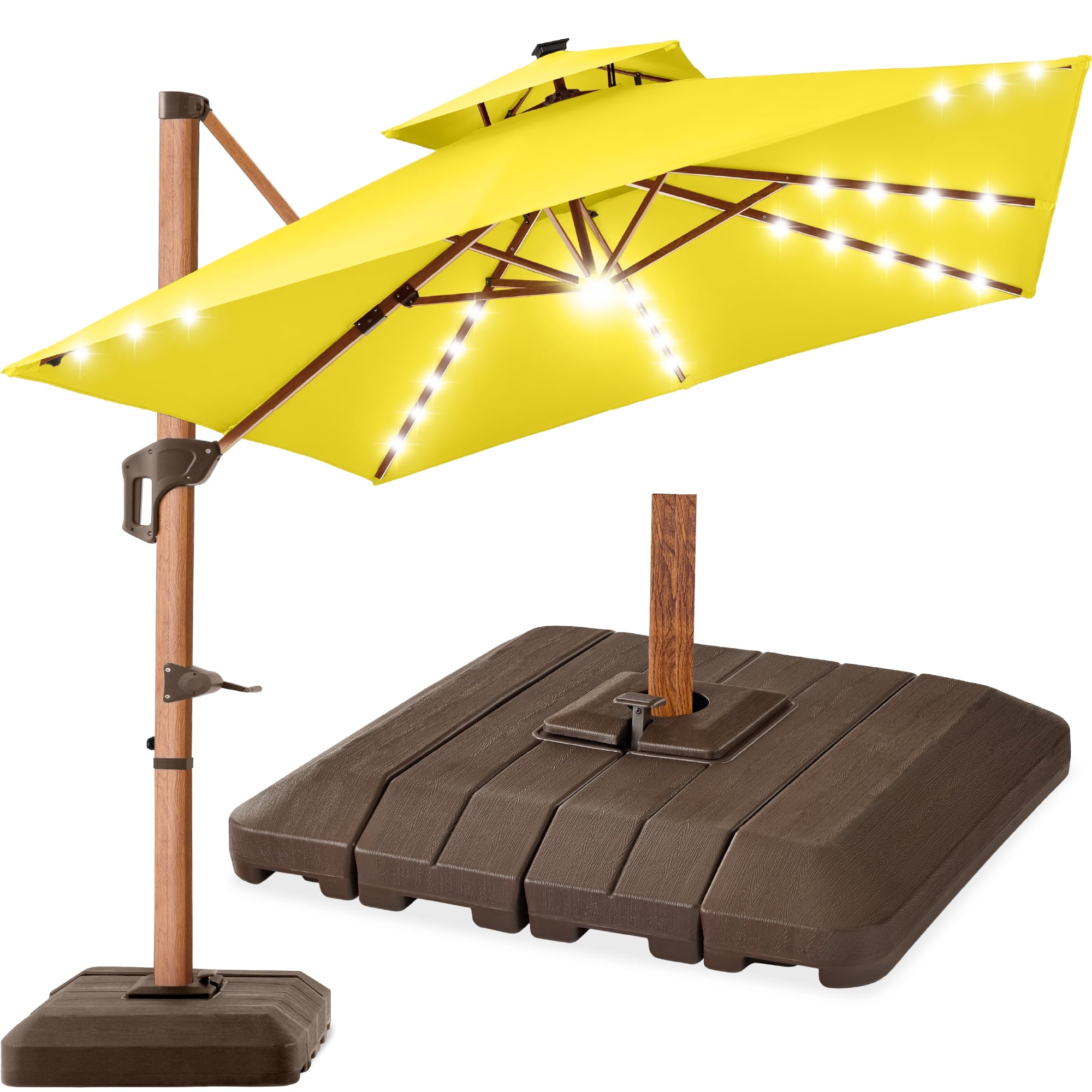 Best Choice Products 10ft Square Woodgrain Pattern 2-Tier Outdoor Solar LED Cantilever Umbrella w/ Base - Gray