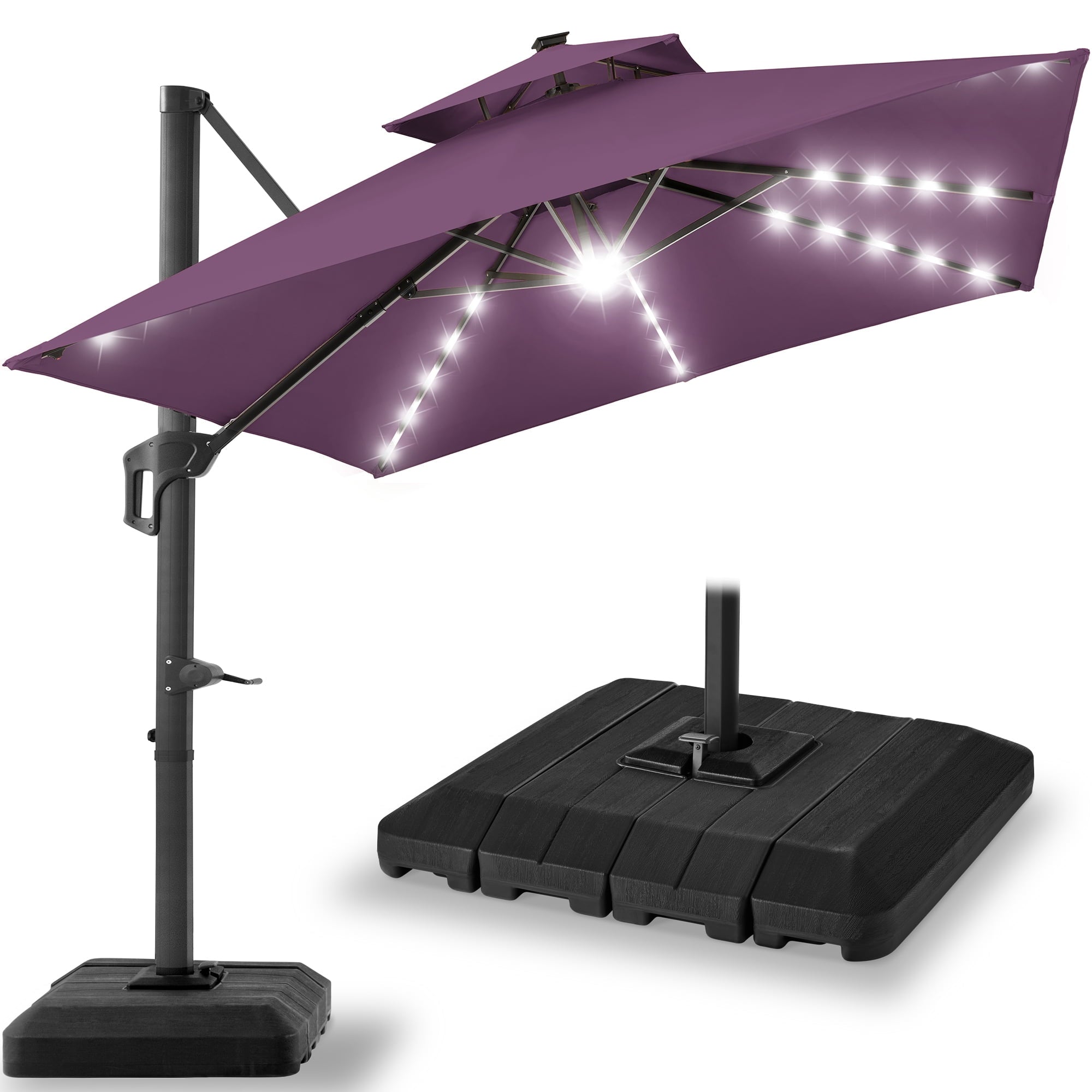 Best Choice Products 10x10ft 2-Tier Square Outdoor Solar LED Cantilever Patio Umbrella w/ Base Included - Tan