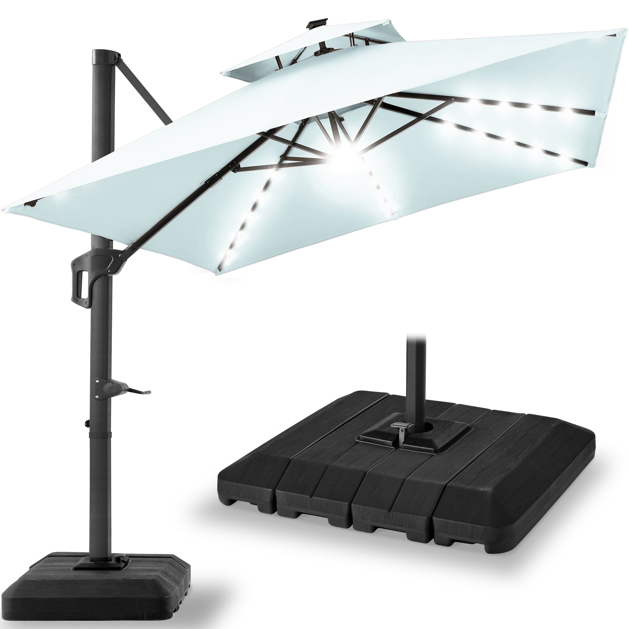 Best Choice Products 10x10ft 2-Tier Square Outdoor Solar LED Cantilever Patio Umbrella w/ Base Included - Tan