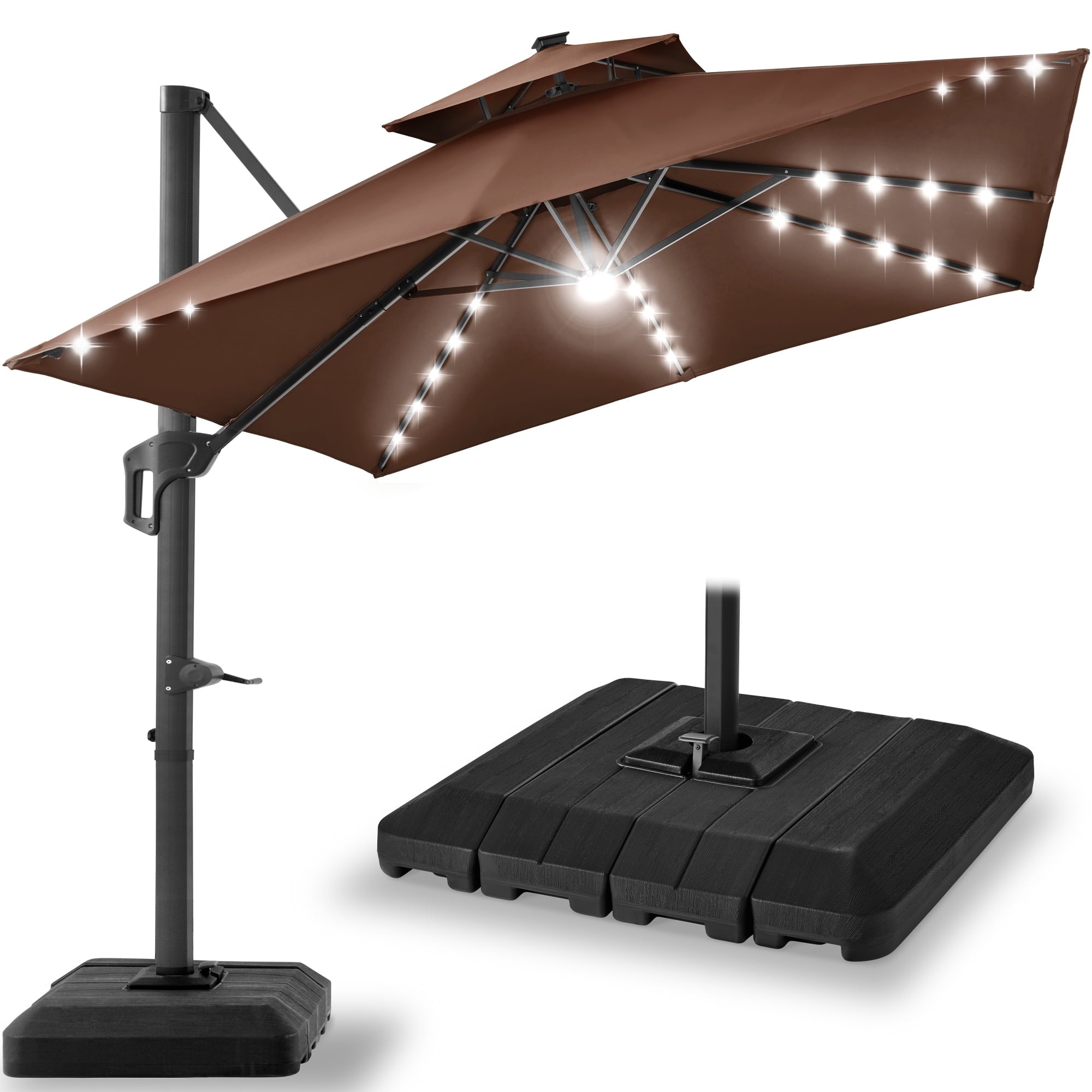 Best Choice Products 10x10ft 2-Tier Square Outdoor Solar LED Cantilever Patio Umbrella w/ Base Included - Tan