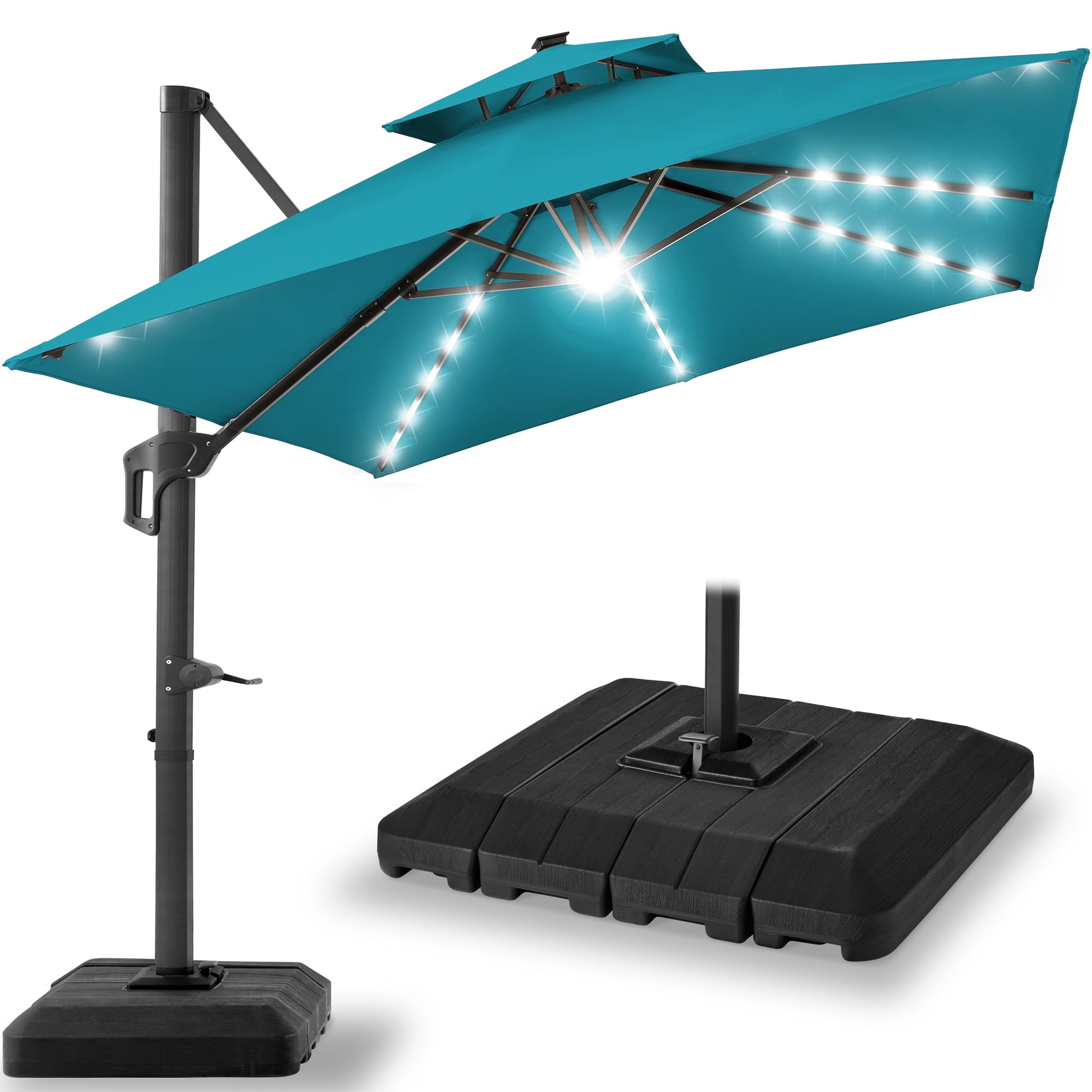 Best Choice Products 10x10ft 2-Tier Square Outdoor Solar LED Cantilever Patio Umbrella w/ Base Included - Tan