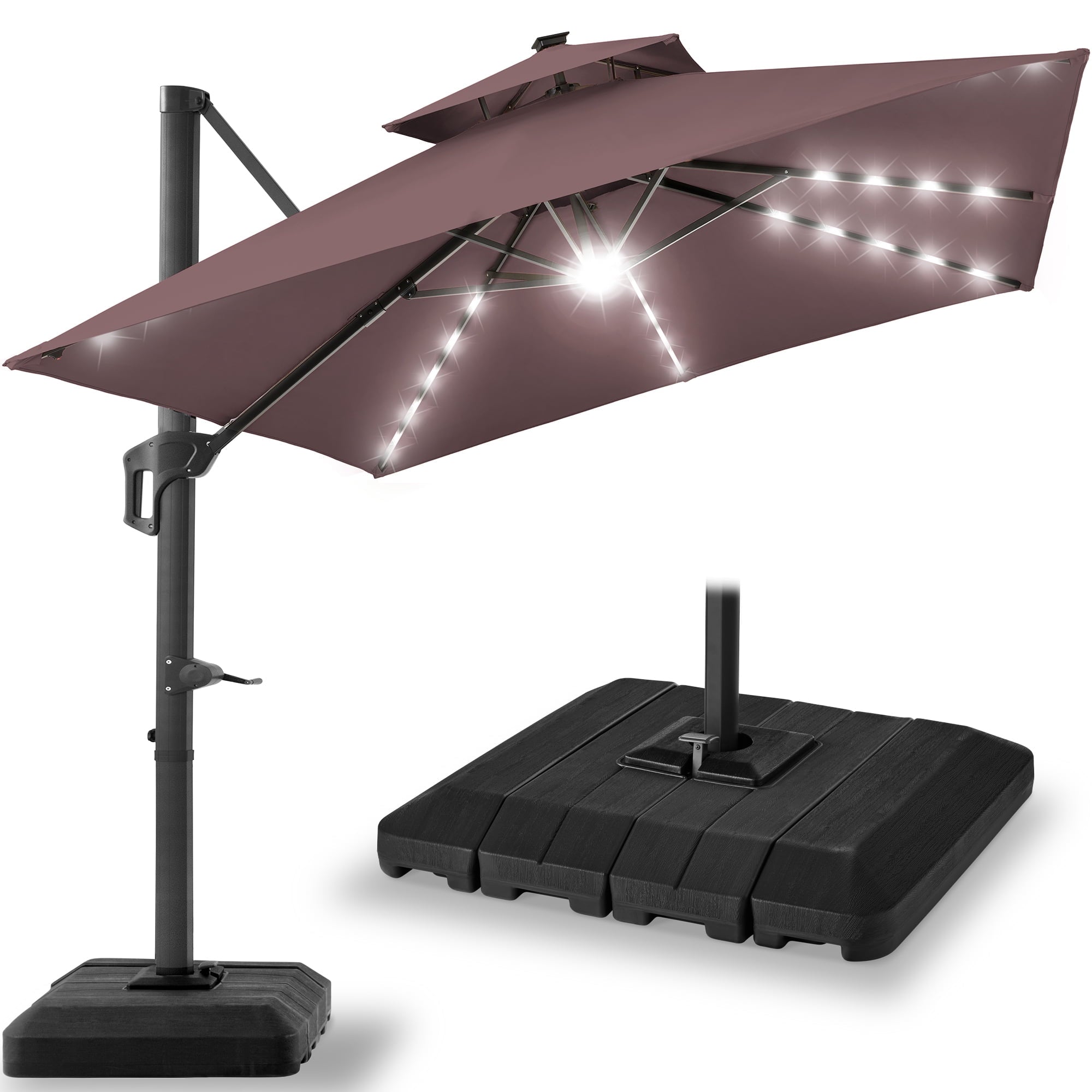 Best Choice Products 10x10ft 2-Tier Square Outdoor Solar LED Cantilever Patio Umbrella w/ Base Included - Tan