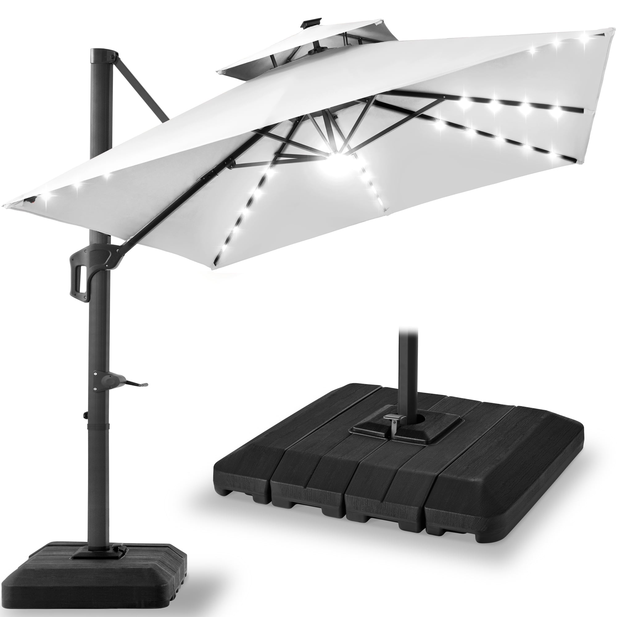 Best Choice Products 10x10ft 2-Tier Square Outdoor Solar LED Cantilever Patio Umbrella w/ Base Included - Tan