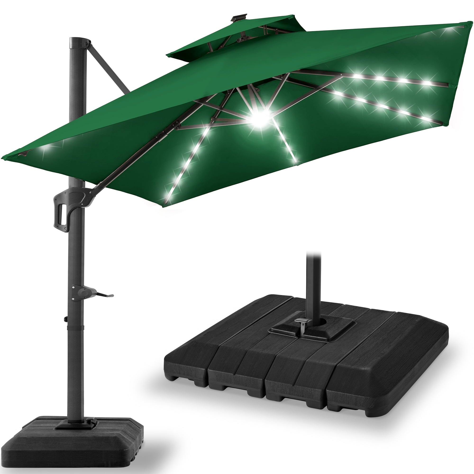 Best Choice Products 10x10ft 2-Tier Square Outdoor Solar LED Cantilever Patio Umbrella w/ Base Included - Tan