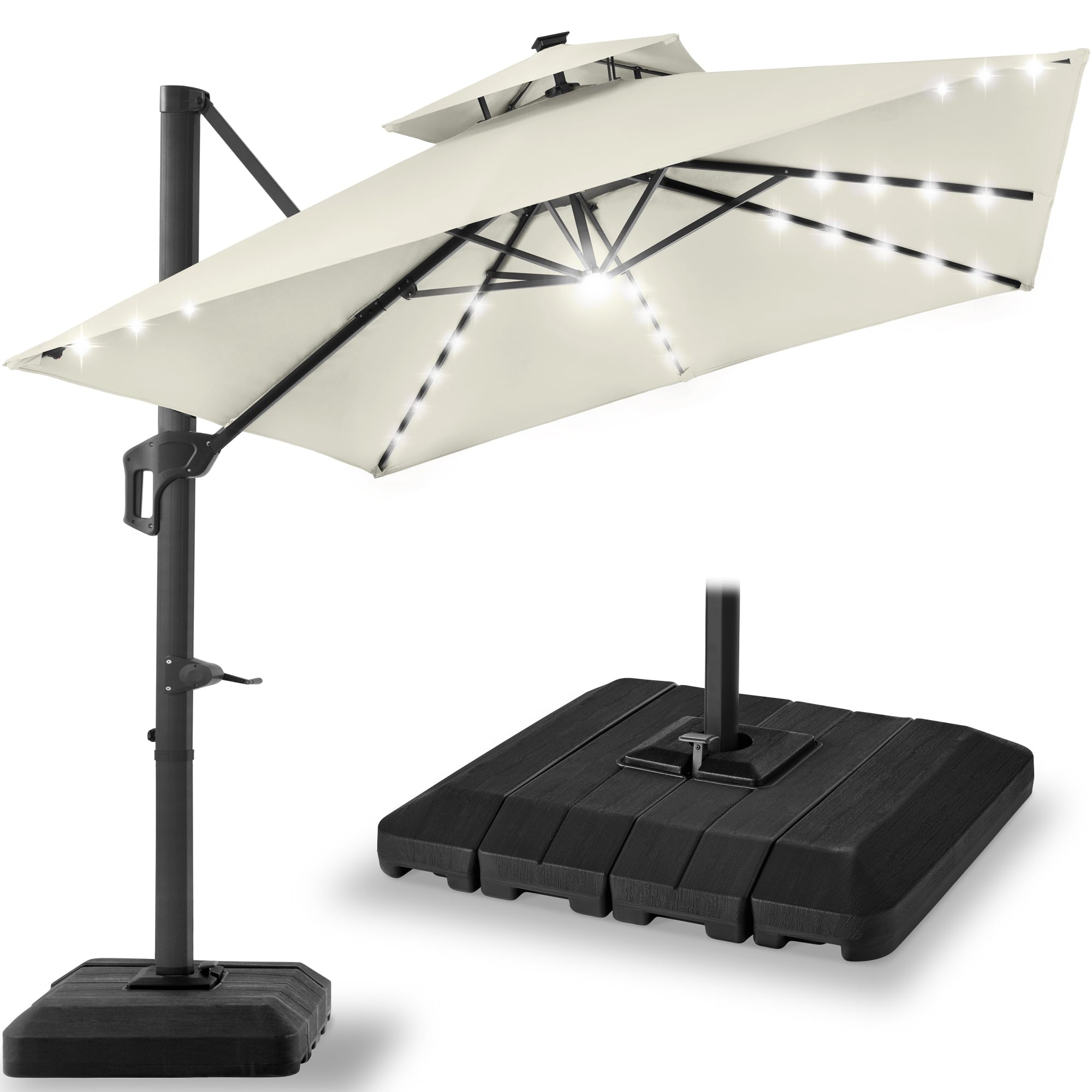 Best Choice Products 10x10ft 2-Tier Square Outdoor Solar LED Cantilever Patio Umbrella w/ Base Included - Tan