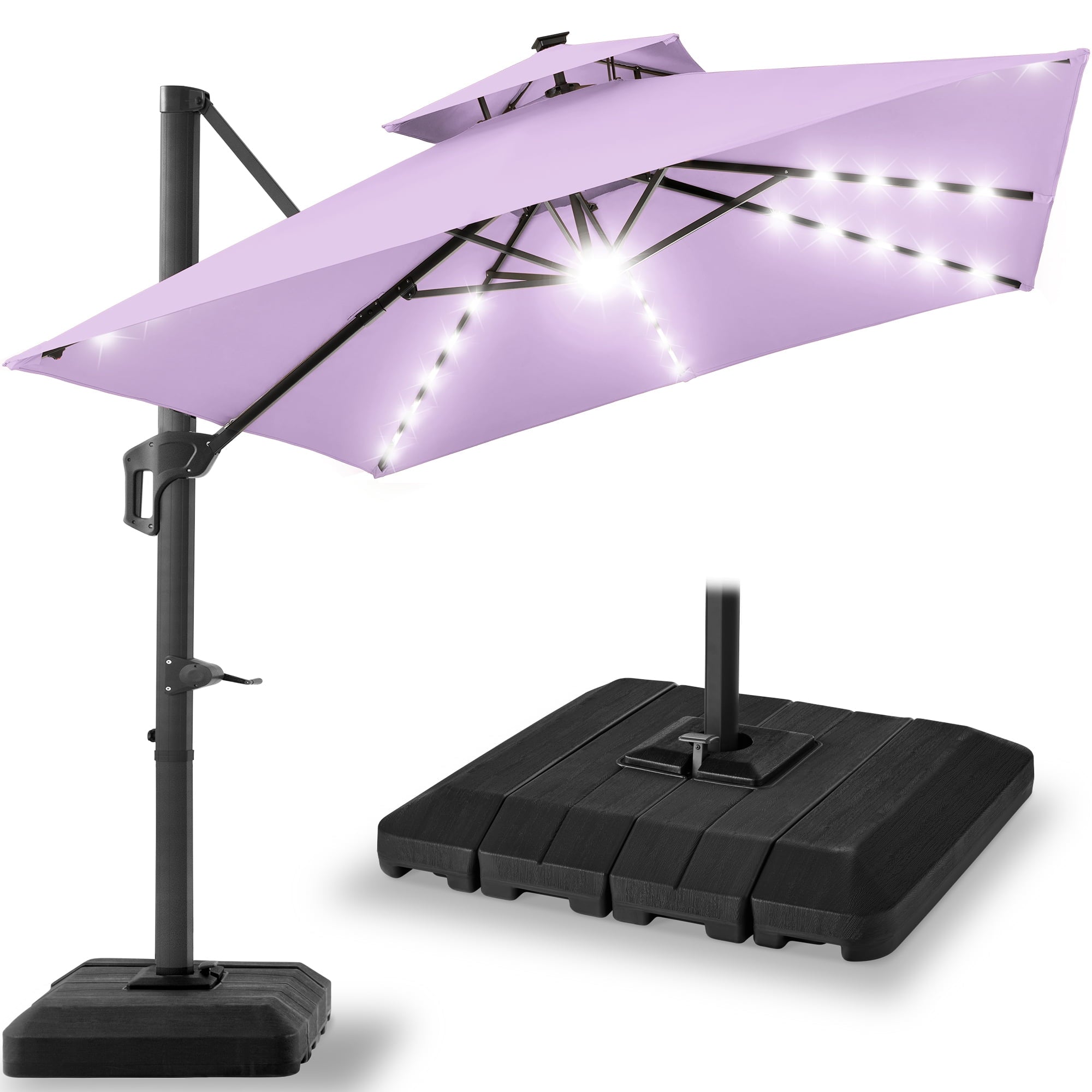 Best Choice Products 10x10ft 2-Tier Square Outdoor Solar LED Cantilever Patio Umbrella w/ Base Included - Tan