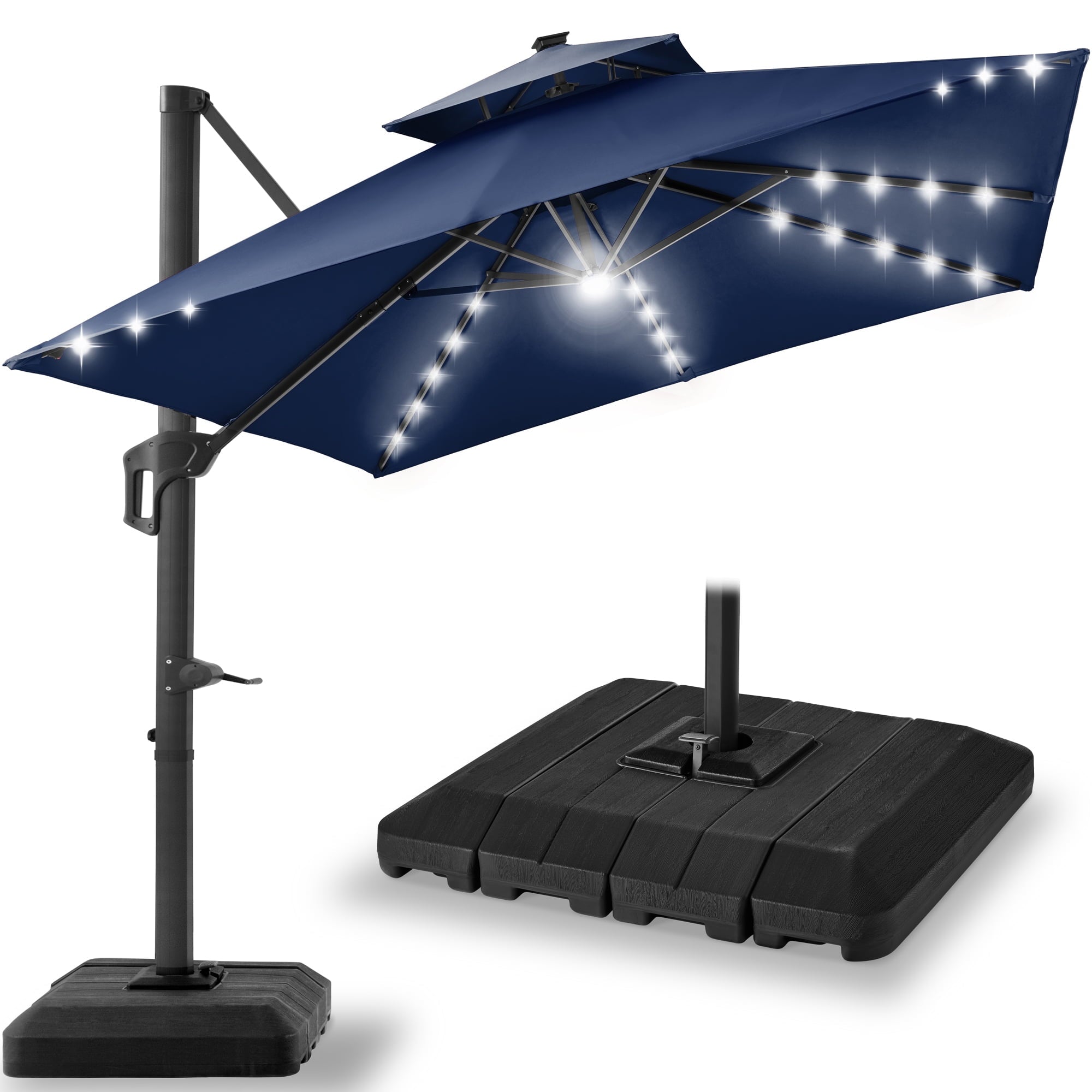 Best Choice Products 10x10ft 2-Tier Square Outdoor Solar LED Cantilever Patio Umbrella w/ Base Included - Tan