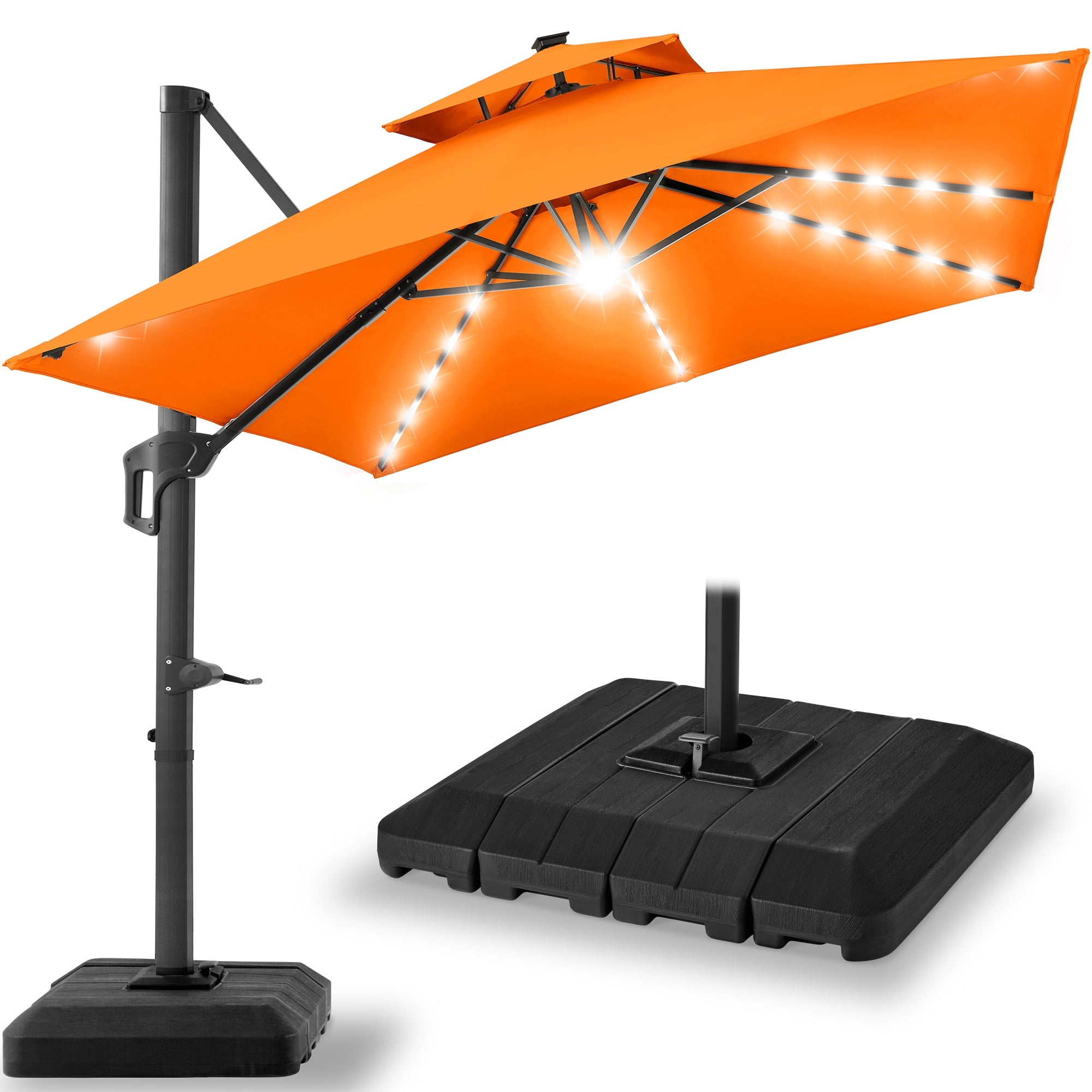 Best Choice Products 10x10ft 2-Tier Square Outdoor Solar LED Cantilever Patio Umbrella w/ Base Included - Tan
