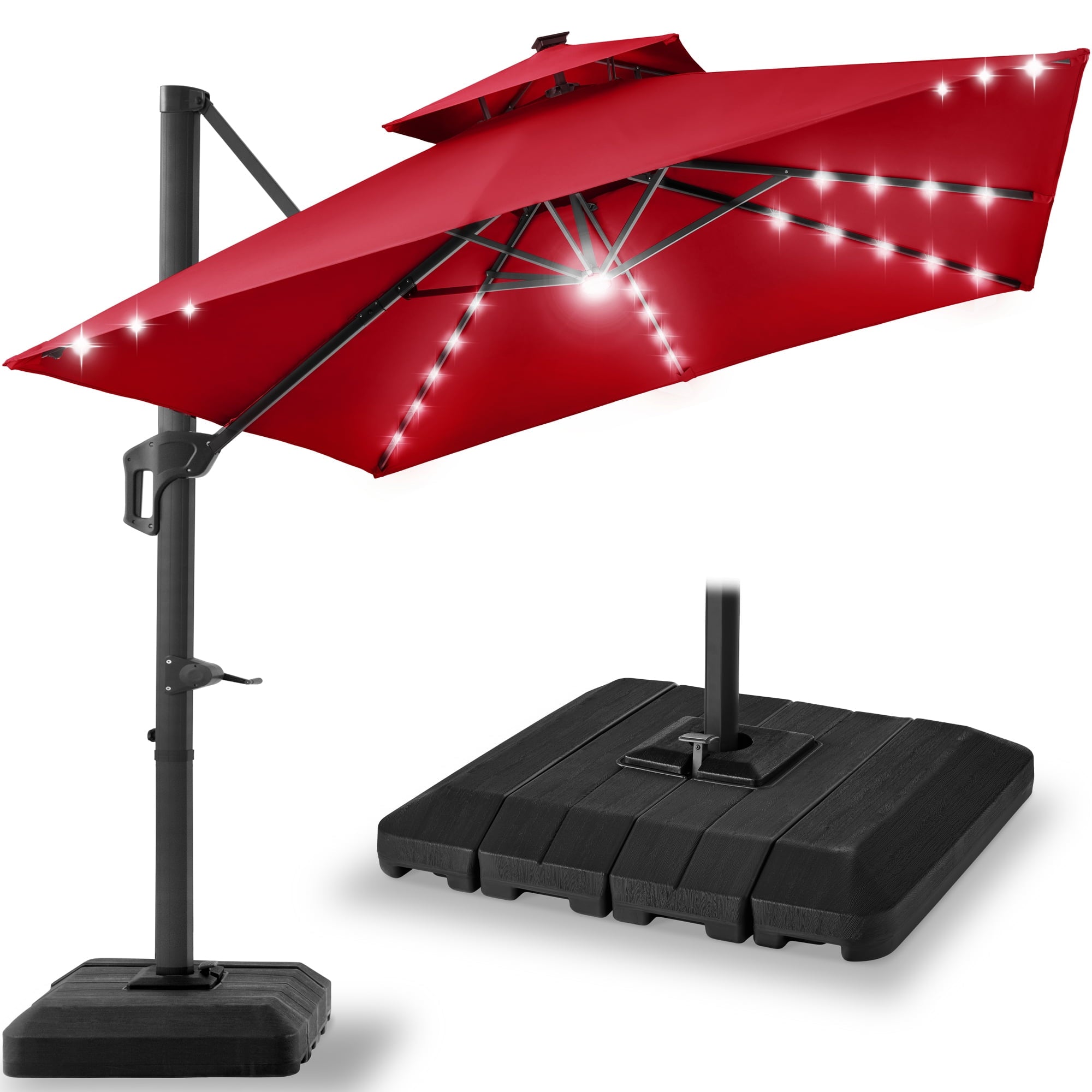 Best Choice Products 10x10ft 2-Tier Square Outdoor Solar LED Cantilever Patio Umbrella w/ Base Included - Tan