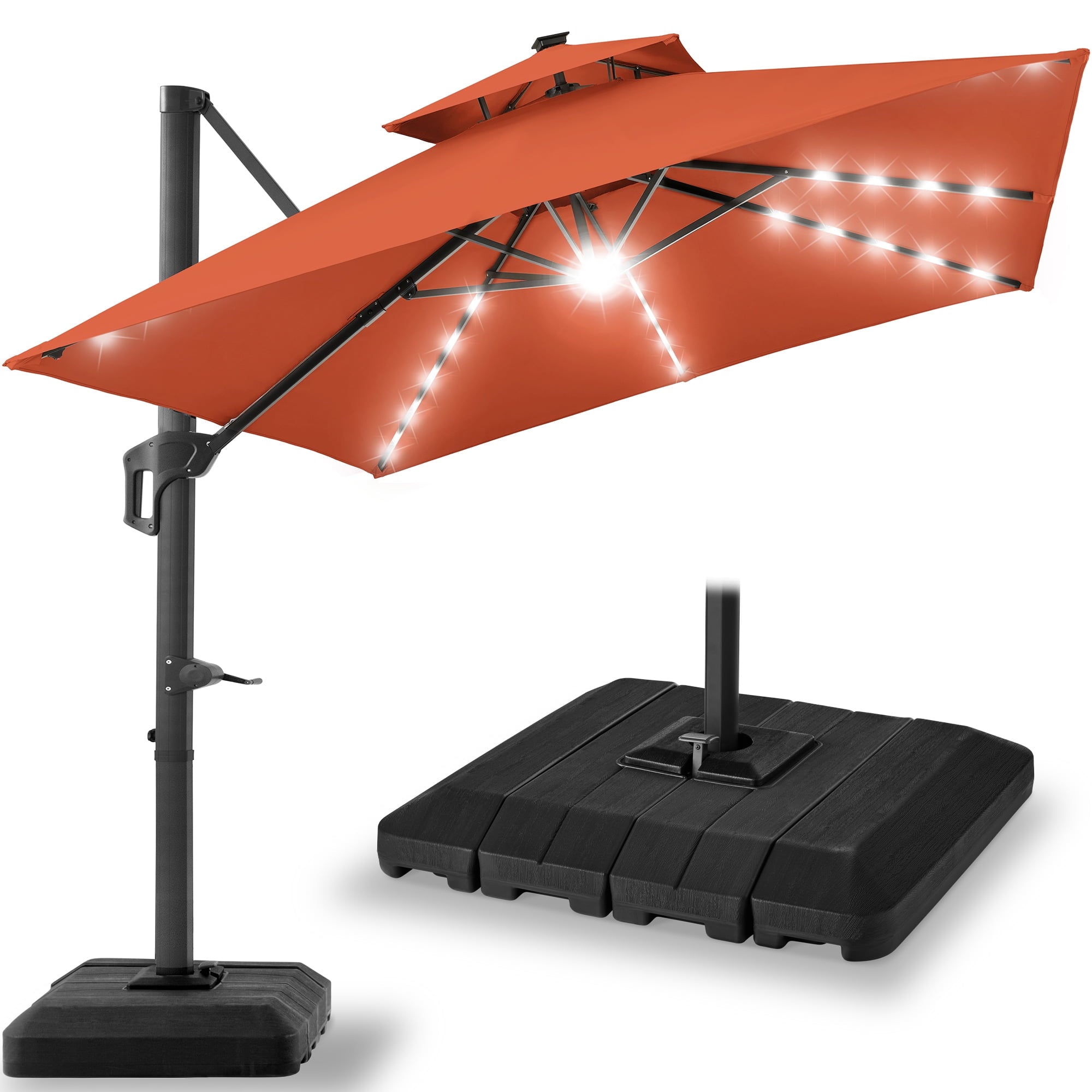 Best Choice Products 10x10ft 2-Tier Square Outdoor Solar LED Cantilever Patio Umbrella w/ Base Included - Tan