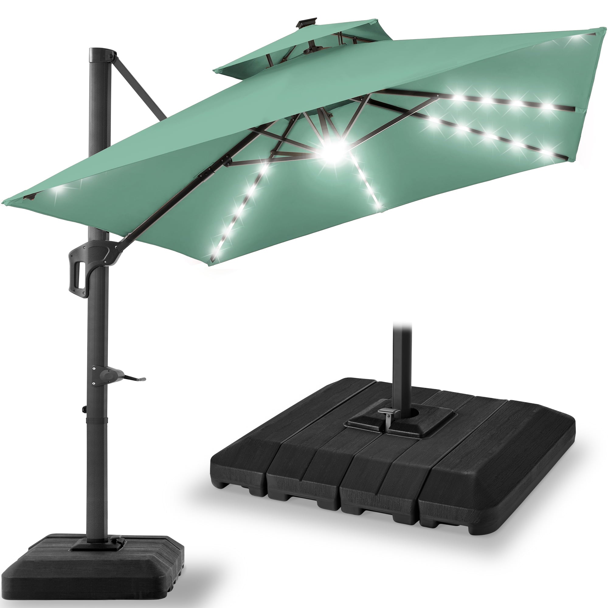 Best Choice Products 10x10ft 2-Tier Square Outdoor Solar LED Cantilever Patio Umbrella w/ Base Included - Tan