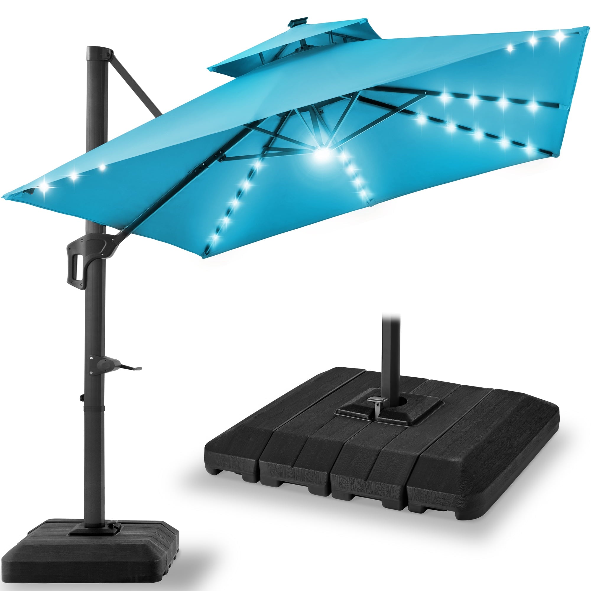 Best Choice Products 10x10ft 2-Tier Square Outdoor Solar LED Cantilever Patio Umbrella w/ Base Included - Tan