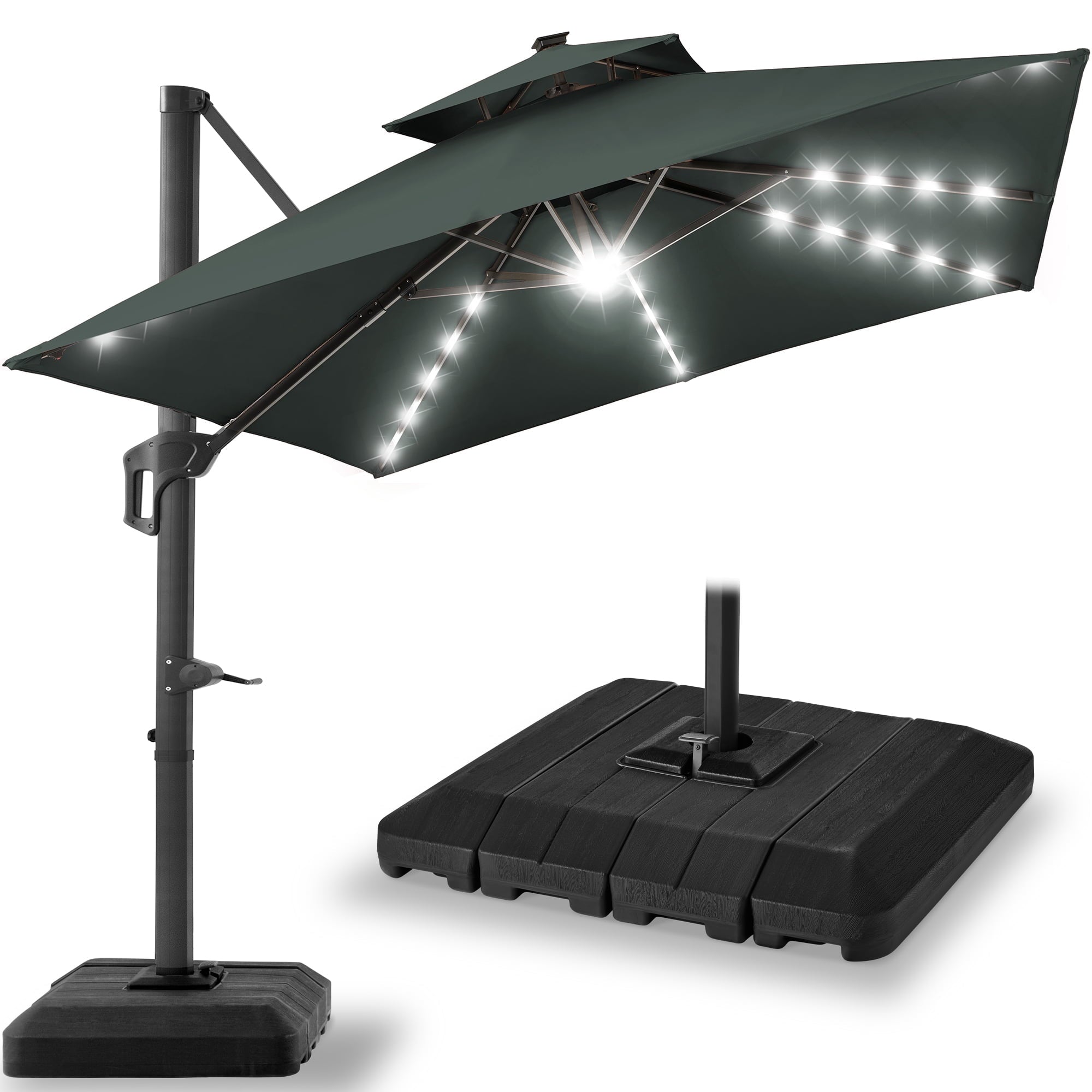 Best Choice Products 10x10ft 2-Tier Square Outdoor Solar LED Cantilever Patio Umbrella w/ Base Included - Tan