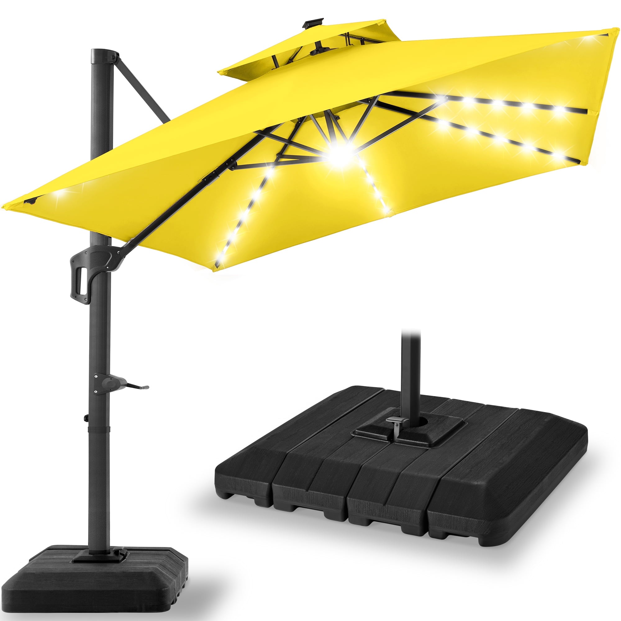 Best Choice Products 10x10ft 2-Tier Square Outdoor Solar LED Cantilever Patio Umbrella w/ Base Included - Tan