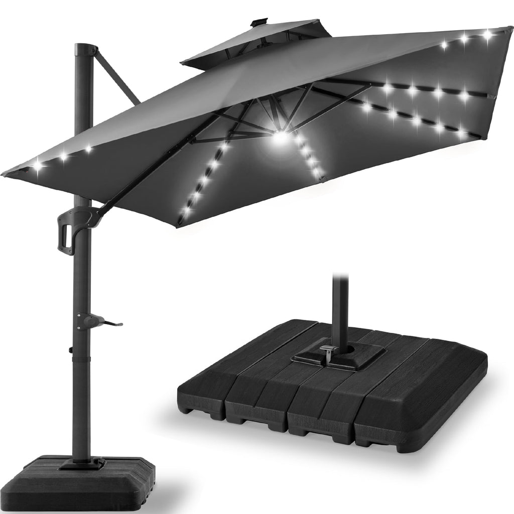 Best Choice Products 12x12ft 2-Tier Square Outdoor Solar LED Cantilever Umbrella w/ 360-Rotating Base   Gray