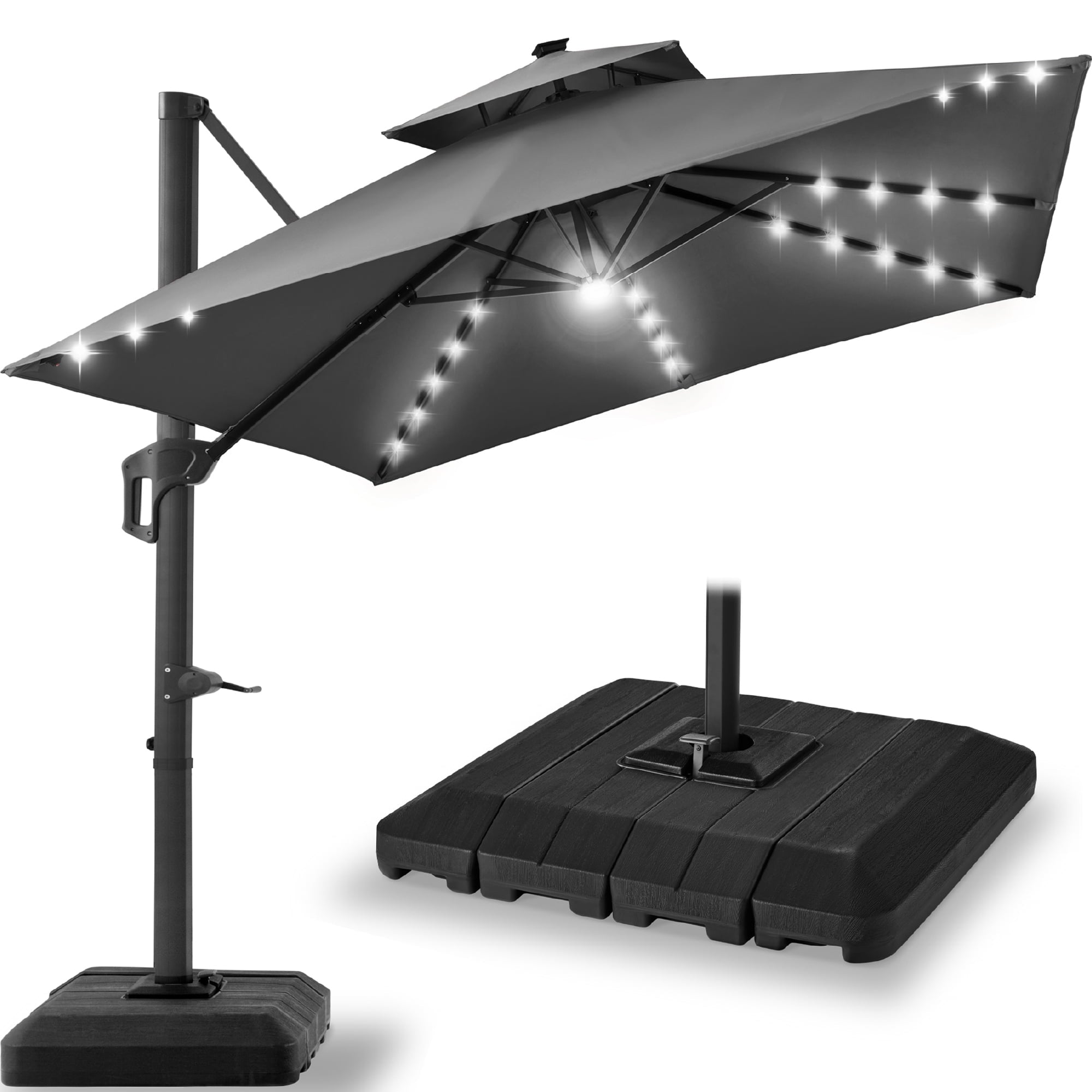 Best Choice Products 12x12ft 2-Tier Square Outdoor Solar LED Cantilever Umbrella w/ 360-Rotating Base   Gray