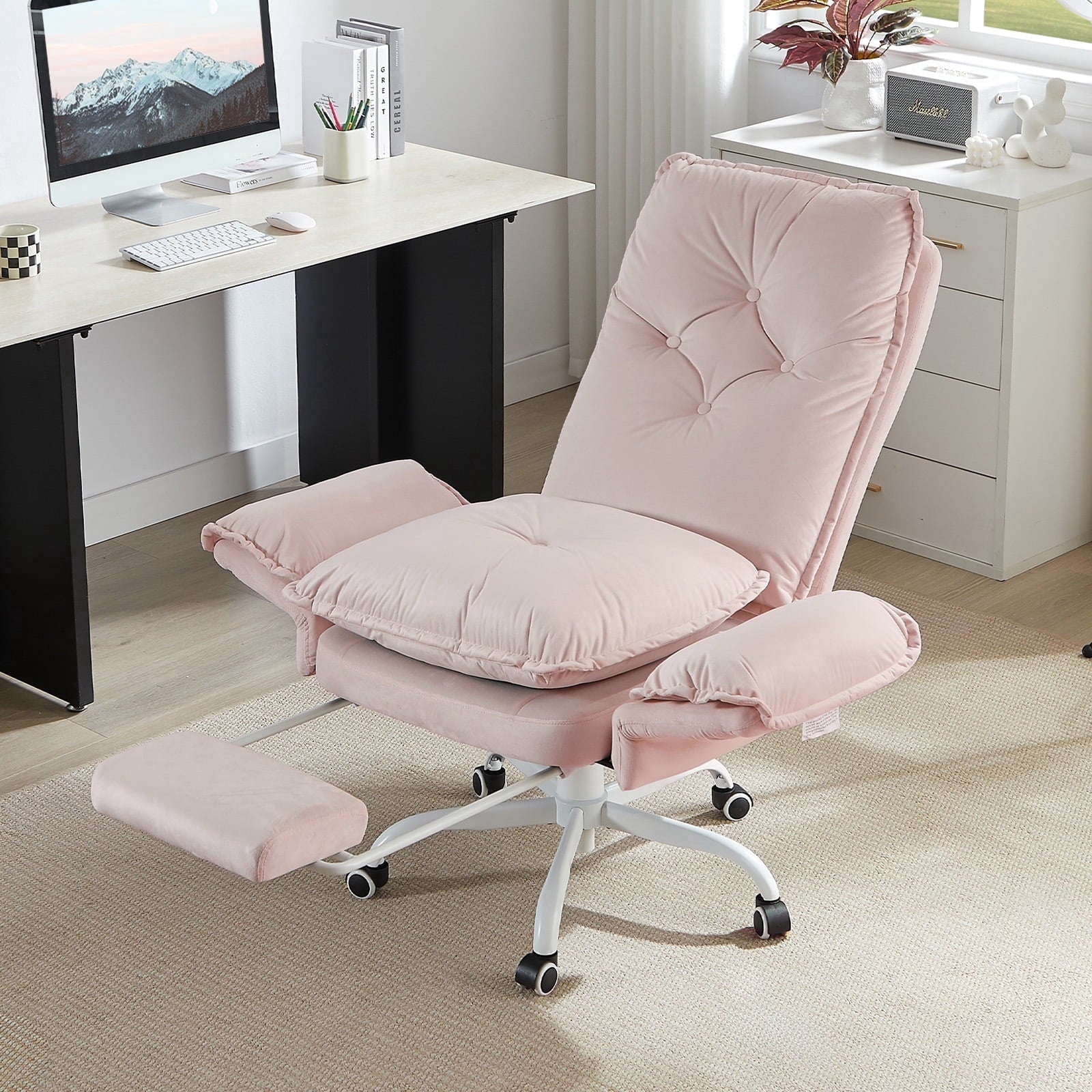 Bestier Big and Tall Executive Office Chair with Flip-up Arms for Adult, Wide Seat Ergonomic Computer Desk Chair,High Back Velvet Comfy Cross-Legged Office Chair with Footrest and Side Pockets, Black