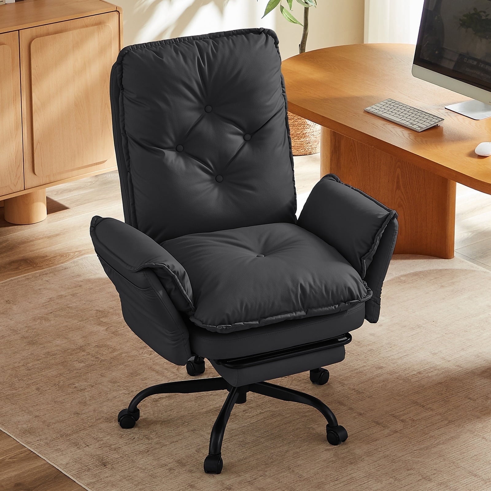 Bestier Big and Tall Executive Office Chair with Flip-up Arms for Adult, Wide Seat Ergonomic Computer Desk Chair,High Back Velvet Comfy Cross-Legged Office Chair with Footrest and Side Pockets, Black