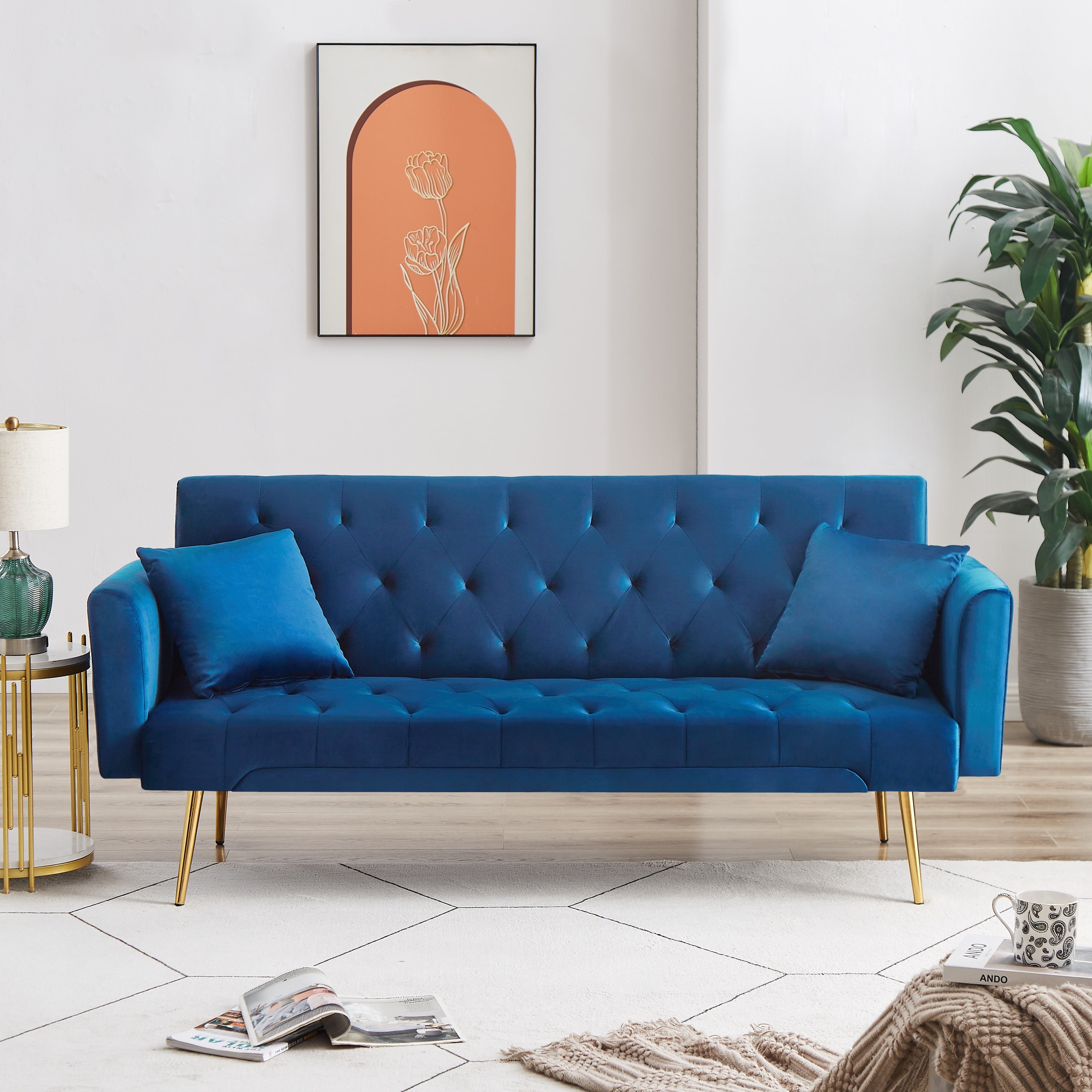 71 Inches Velvet Futon Sofa Bed with 2 Pillows,Modern Convertible Futon Couch with 3 Adjustable Backrest Angles and Gold Metal Feet,Suitable for Apartment,Living Room,Small Space,Pink